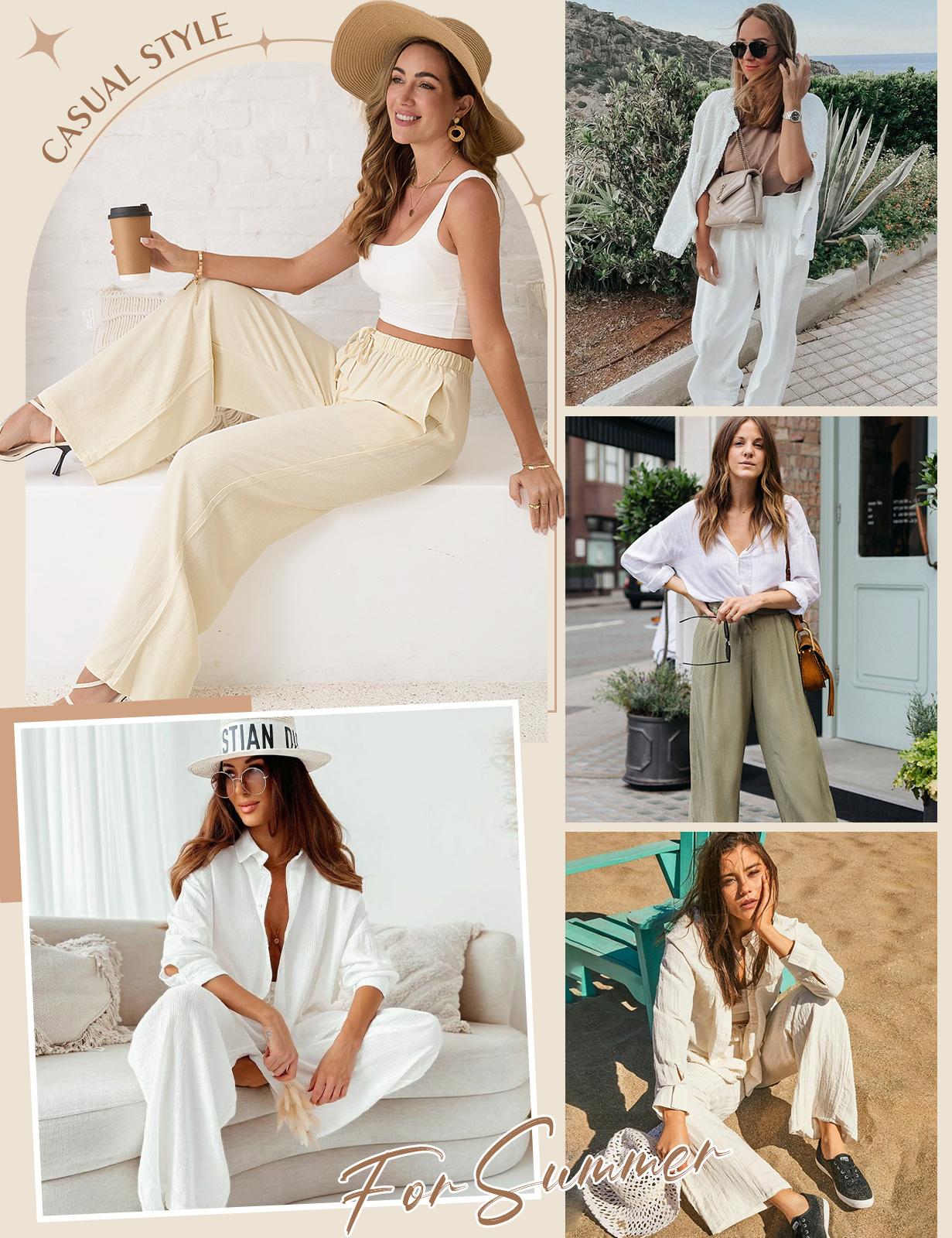 HEEKPEK Womens Linen Pants Casual Wide Leg Pants Summer Palazzo Pants Loose Flowy Beach Pants Drawstring Elastic Trousers