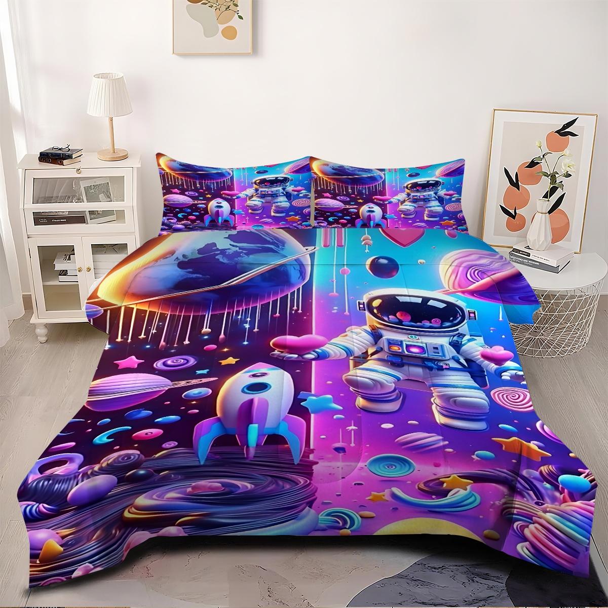 2/3-Piece Astronaut Patterned Comforter Set, Psychedelic Pop Style Bedding Set, Delicate Patterned Soft Quilted Bedspread, Perfect for Adding A Lively Atmosphere to Your Bedroom or Room, Including 1 or 2 Pillowcases, No Pillow Core