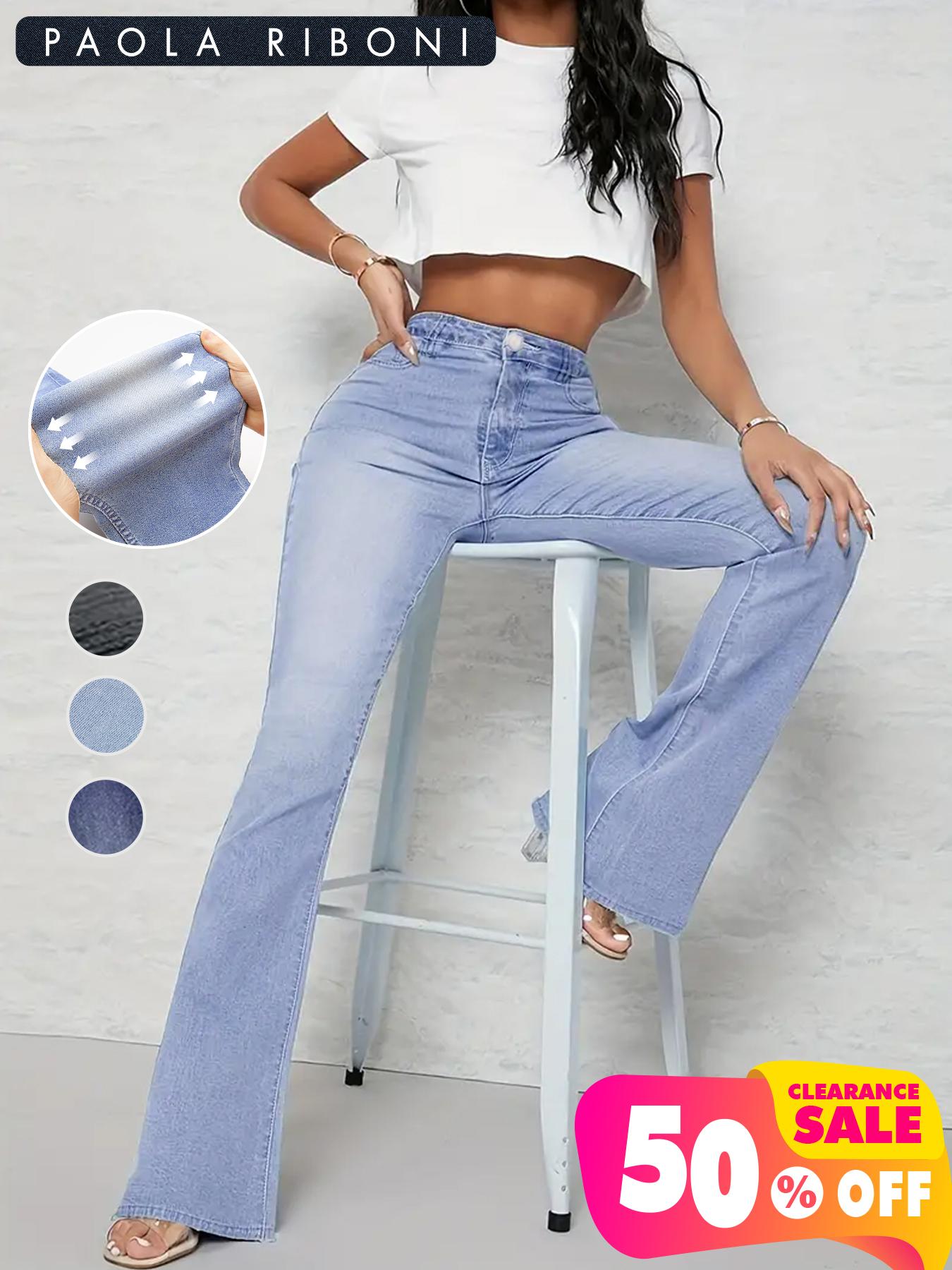 Women's Elastic Casual Denim Bell Bottoms, Slim-Fitting Natural Waist Pants, Plain Pattern, All Seasons, Pockets Design