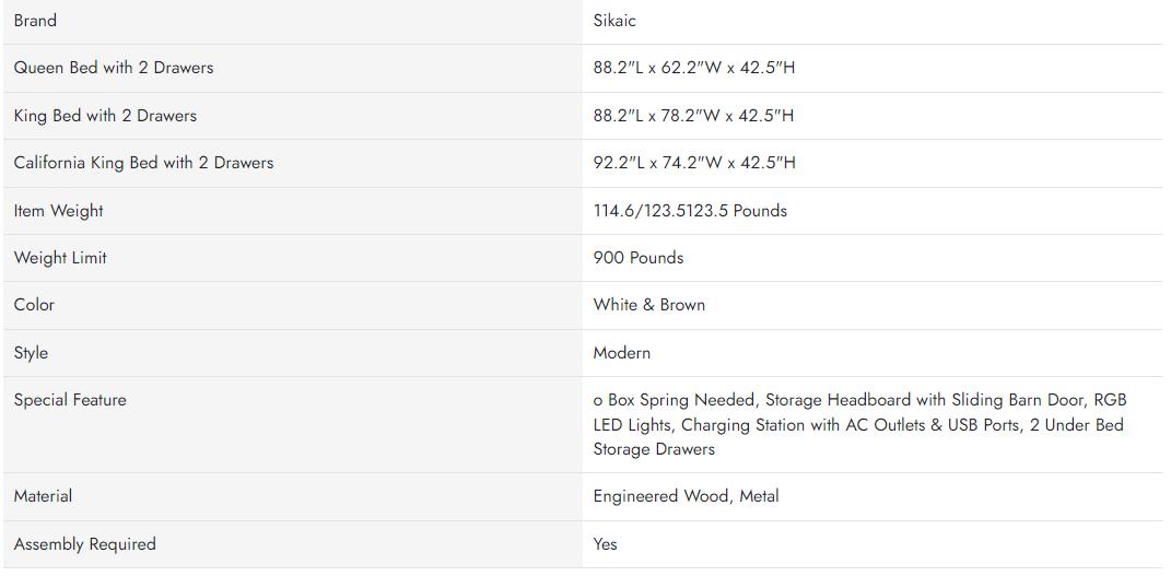 Sikaic LED Farmhouse Wooden Platform Bed Frame With Charging Station 2 Drawers & Storage Headboard Sliding Barn Door White Furniture Modern Bedroom Set Bedframes