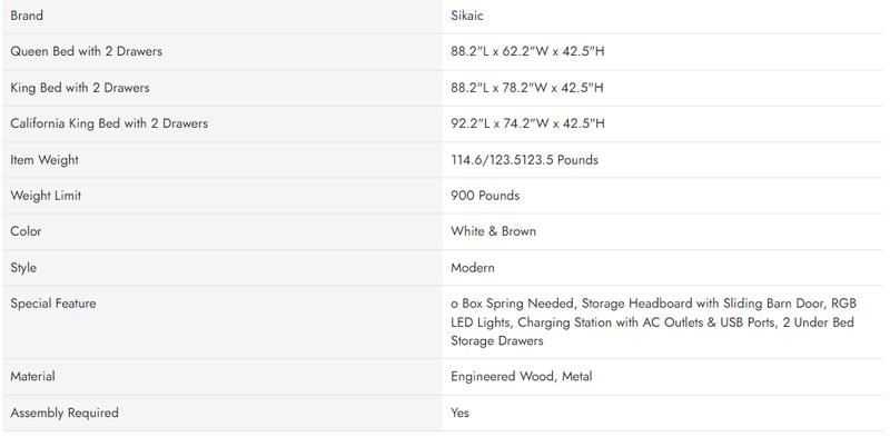 Sikaic LED Farmhouse Wooden Platform Bed Frame With Charging Station 2 Drawers & Storage Headboard Sliding Barn Door White Furniture Modern Bedroom Set Bedframes