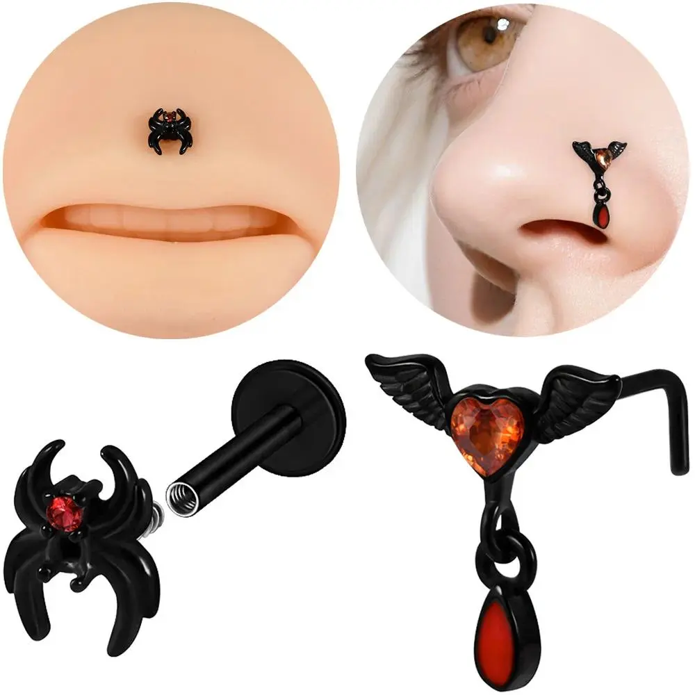 1PC Stainless Steel Red Zirconia Spider Labret Lip Studs Wings Oil Pendant Nose Studs Ear Cartilage Tragus Body Piercing Jewelry