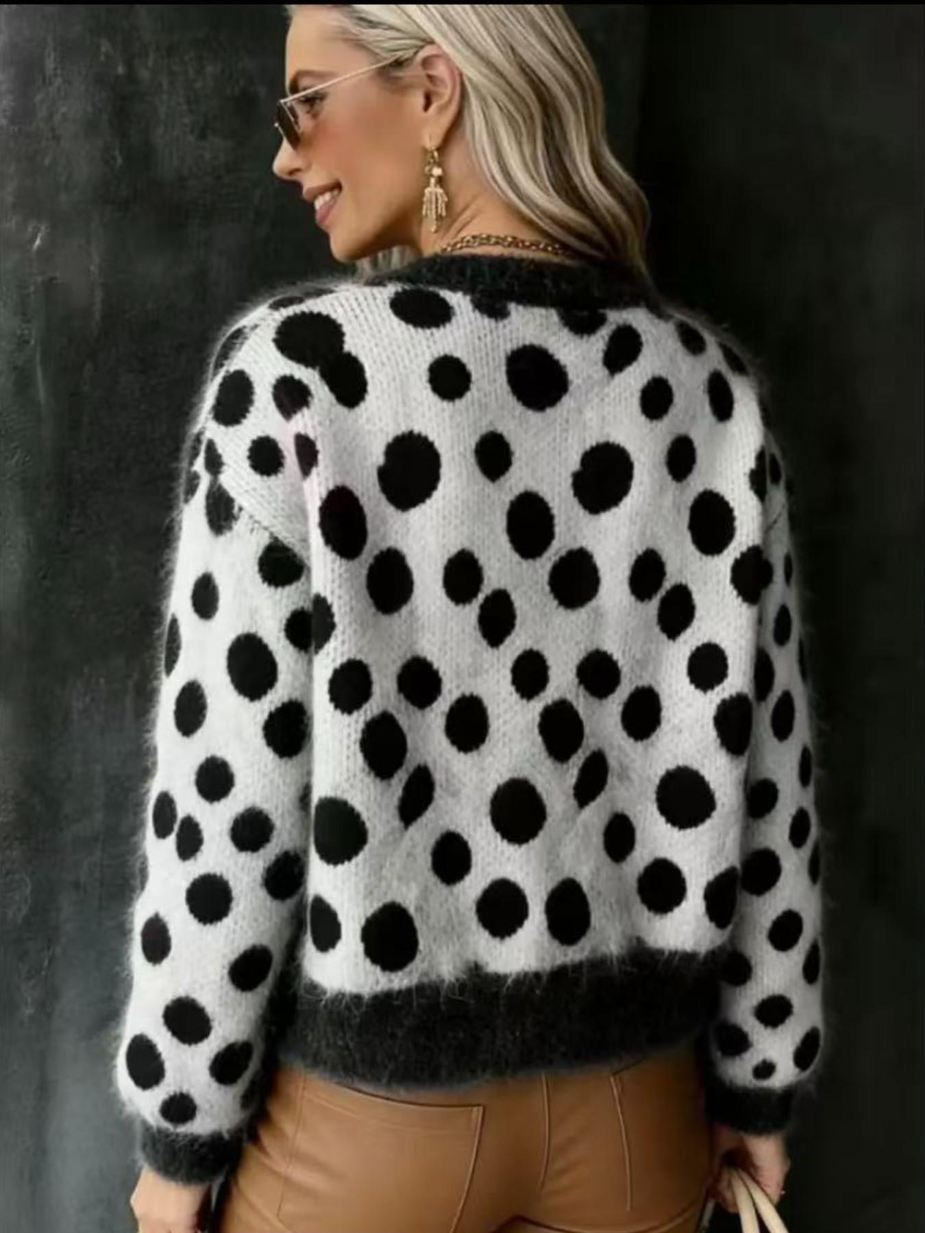 Trendy Polka Dot Colorblock Loose Fit Knit Sweater for Women, Fall Winter New Arrival, Casual Long Sleeve Cardigan, Comfortable and Stylish