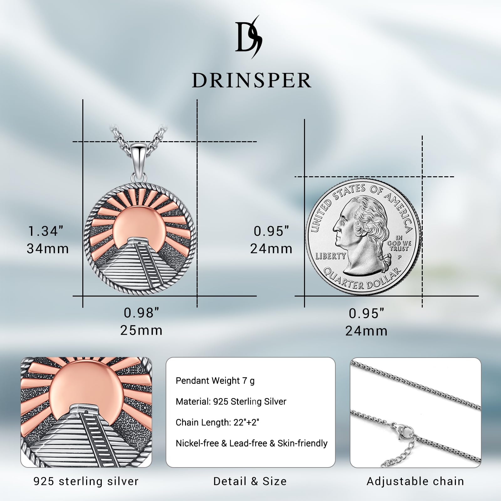 DRINSPER Aztec Pyramid Necklace 925 Sterling Silver Pendant Maya Culture Jewelry