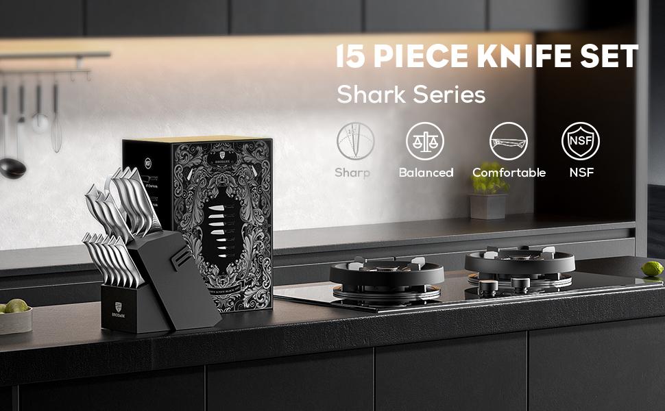 BRODARK Shark Series 15PCS Kitchen Knife Set with Block, Dishwasher Safe Knives Set for Kitchen NSF Certified German Stainless Steel Kitchen cooking Knives Built-in Sharpener High Carbon Professional Chef Knife Steak meat boning gifts for men Outdoorfun