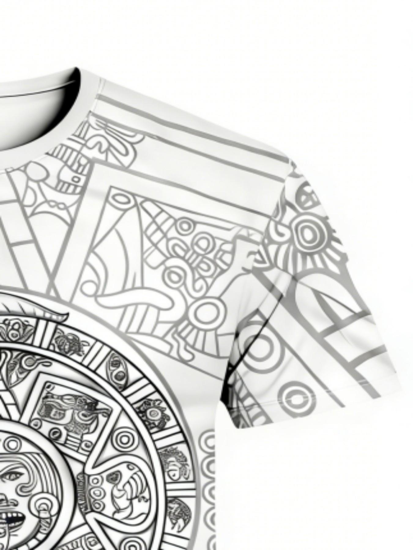 Men's Aztec Calendar Eagle Print T-Shirt, Mexican Indigenous Full-Print Street Style Round Neck Short Sleeve Top, All Seasons Loose Fit