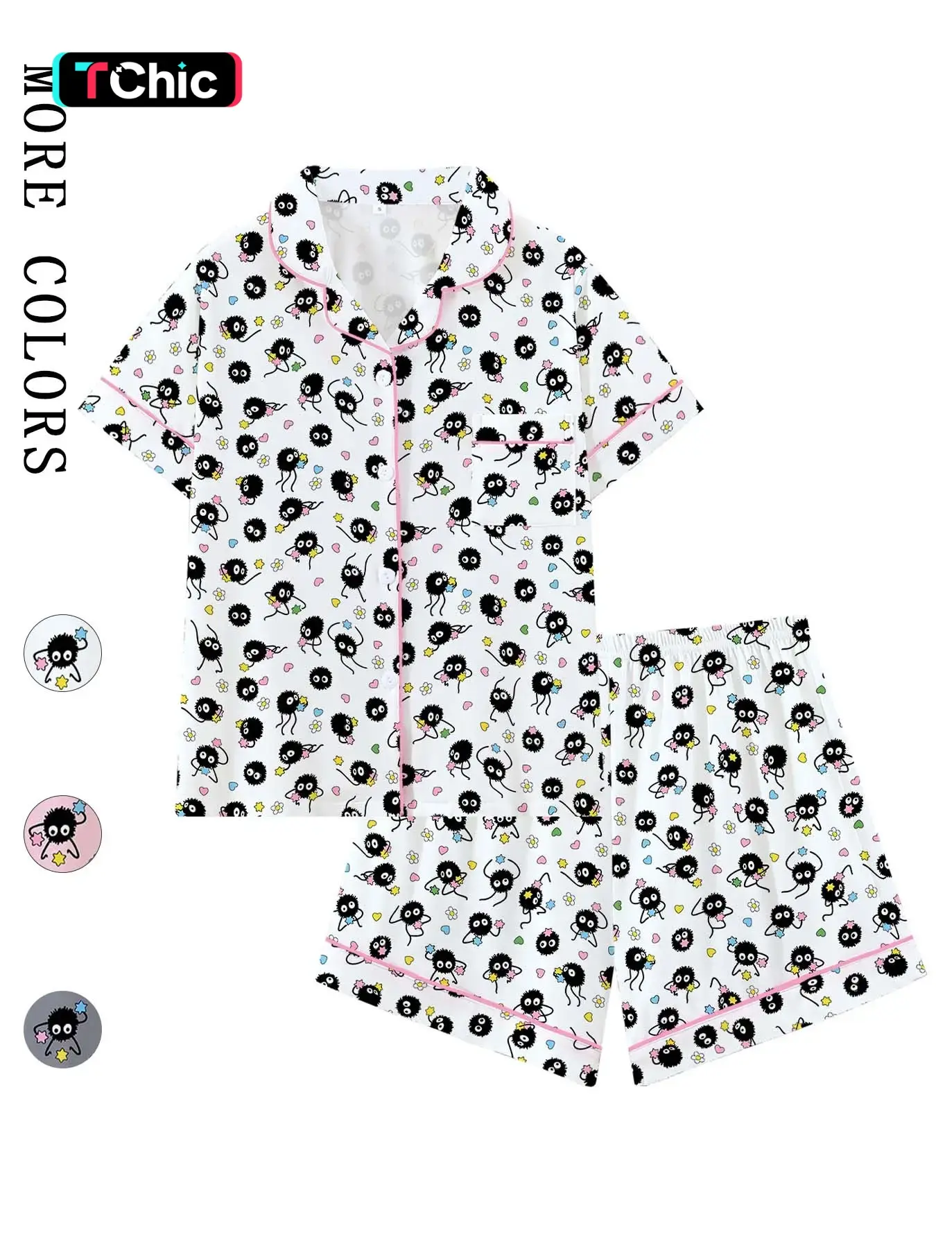 Spirited Away Coal Ball Elf Pajama Set, Cute Cartoon Lapel Short Sleeve Sleepwear Loungewear, Comfortable Party & Vacation Wear, Ideal Gift