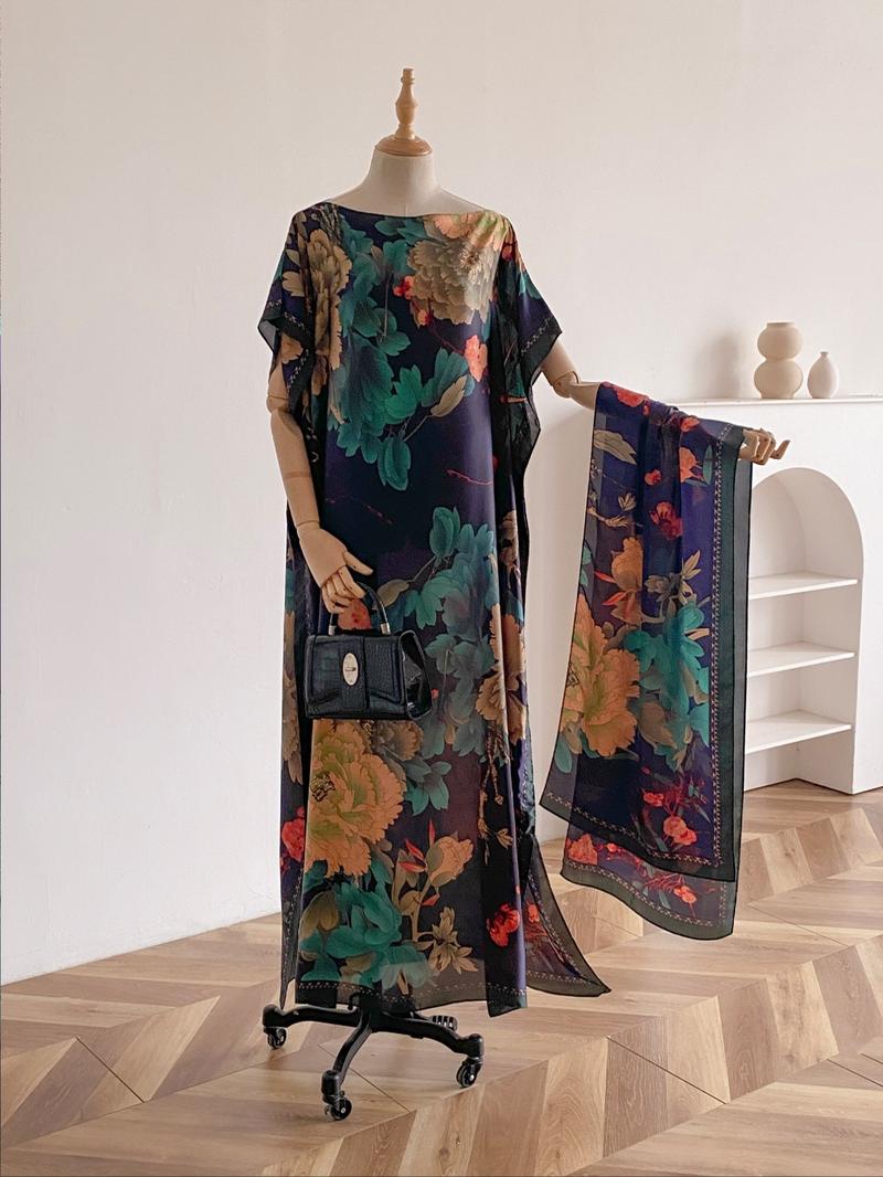 Women's Peacock Print Cape Shawl & Scarf Set, Elegant Beach Cover-Up For Holiday Vacation, Swimwear Coverups