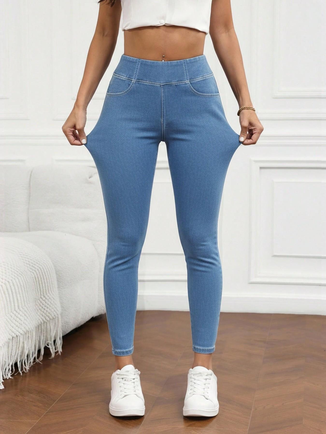 Women's High-Waisted Compression Denim Long Pants, Ultra-Elastic Waistband, Stretchy Slim Fit Streetwear, Casual Jeans