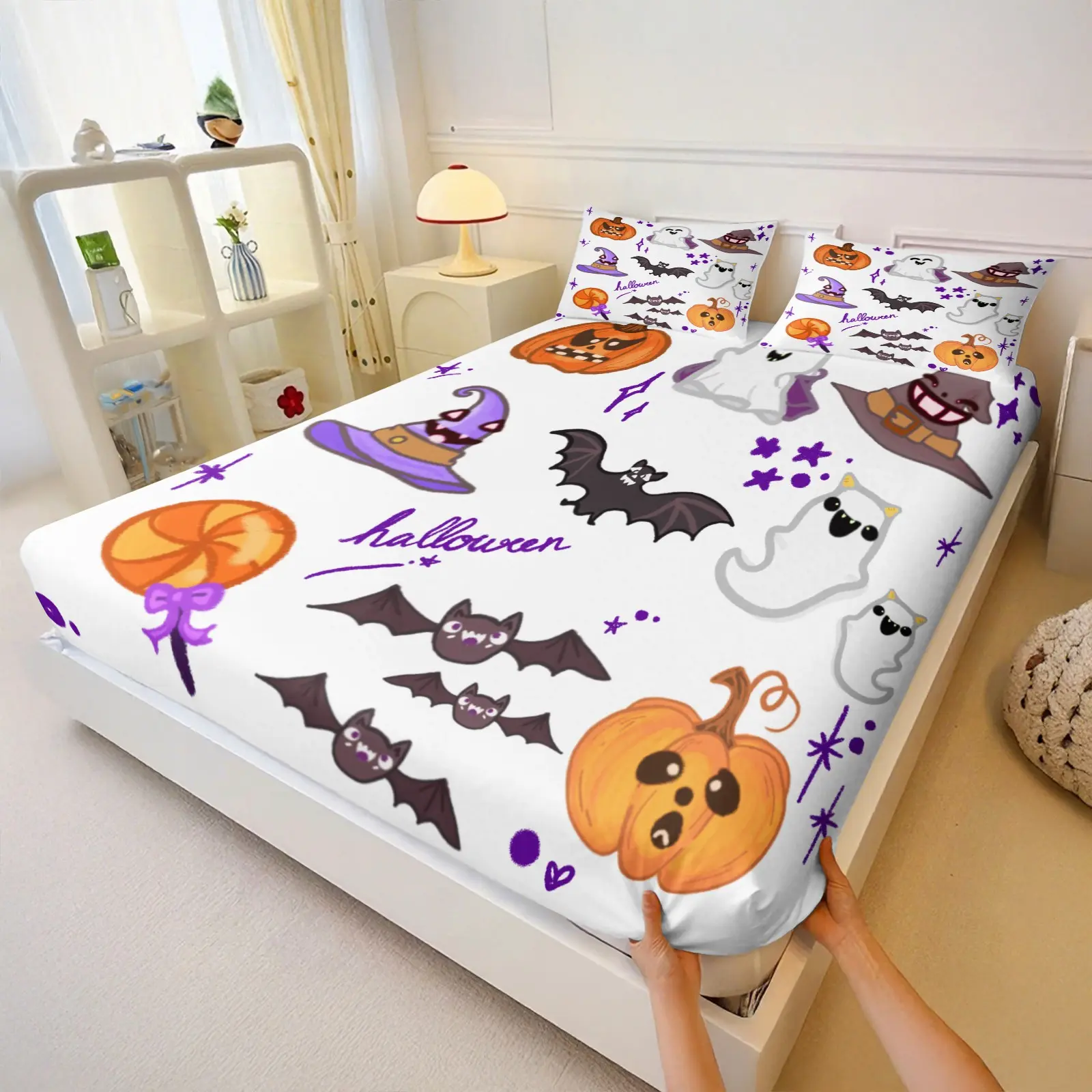 Cute Cartoon Halloween F Fitted Sheet Set, Adorable Pumpkin Ghost Bat Witch Hat Print, Soft Skin-Friendly Bedding, Elastic Deep Pocket Design