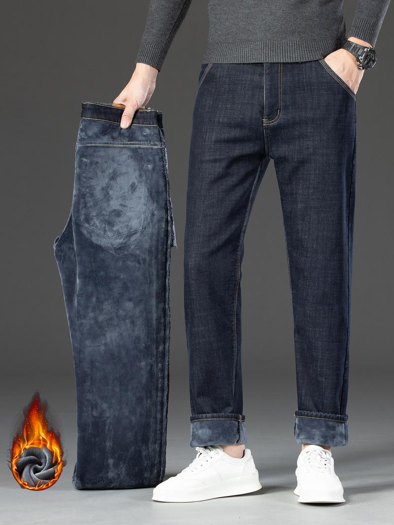Men's Fleece Lined Denim Jeans, Loose Straight Leg Long Pants, Warm Fashionable Winter Washed Jeans, Casual All-Season Wear