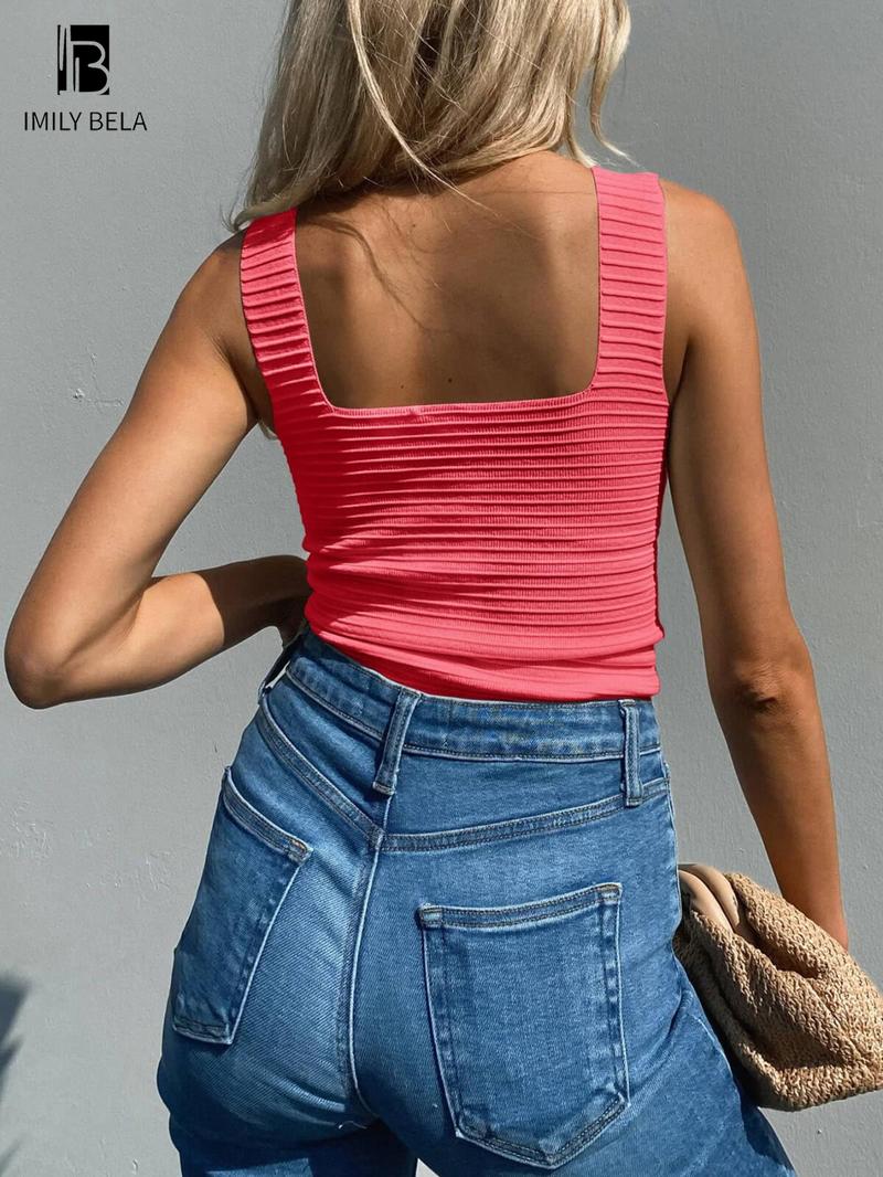 Women's Plain Ribbed Tank Top, Casual Sleeveless Top for Summer, Fashion Women's Top for Daily Wear, Going Out Tops, Elastic Basic Vest