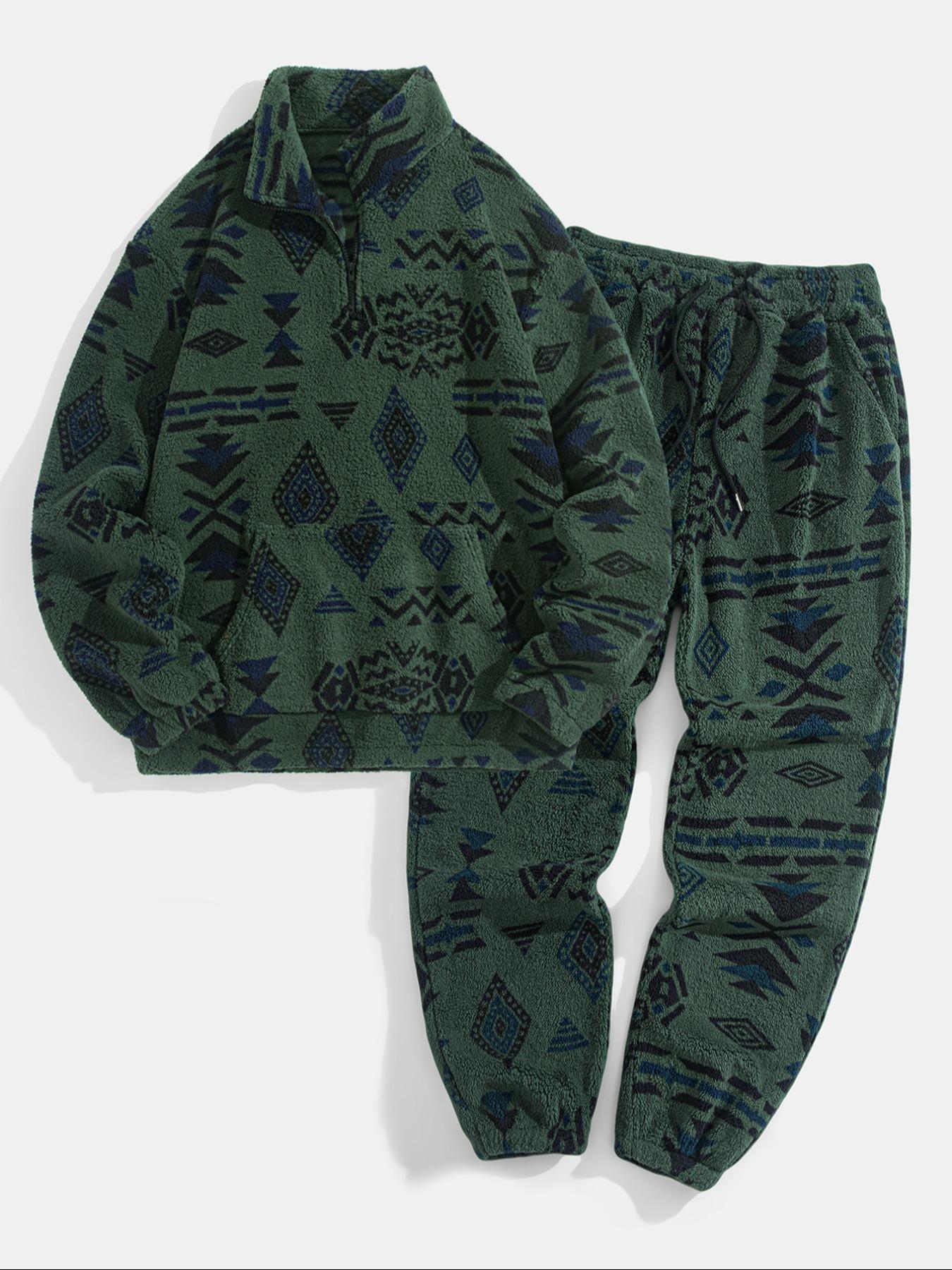 Men's Ethnic Style Plush Print Hoodie Set, Soft Comfortable Fabric, Casual Sportswear for Daily Wear & Outdoor Activities