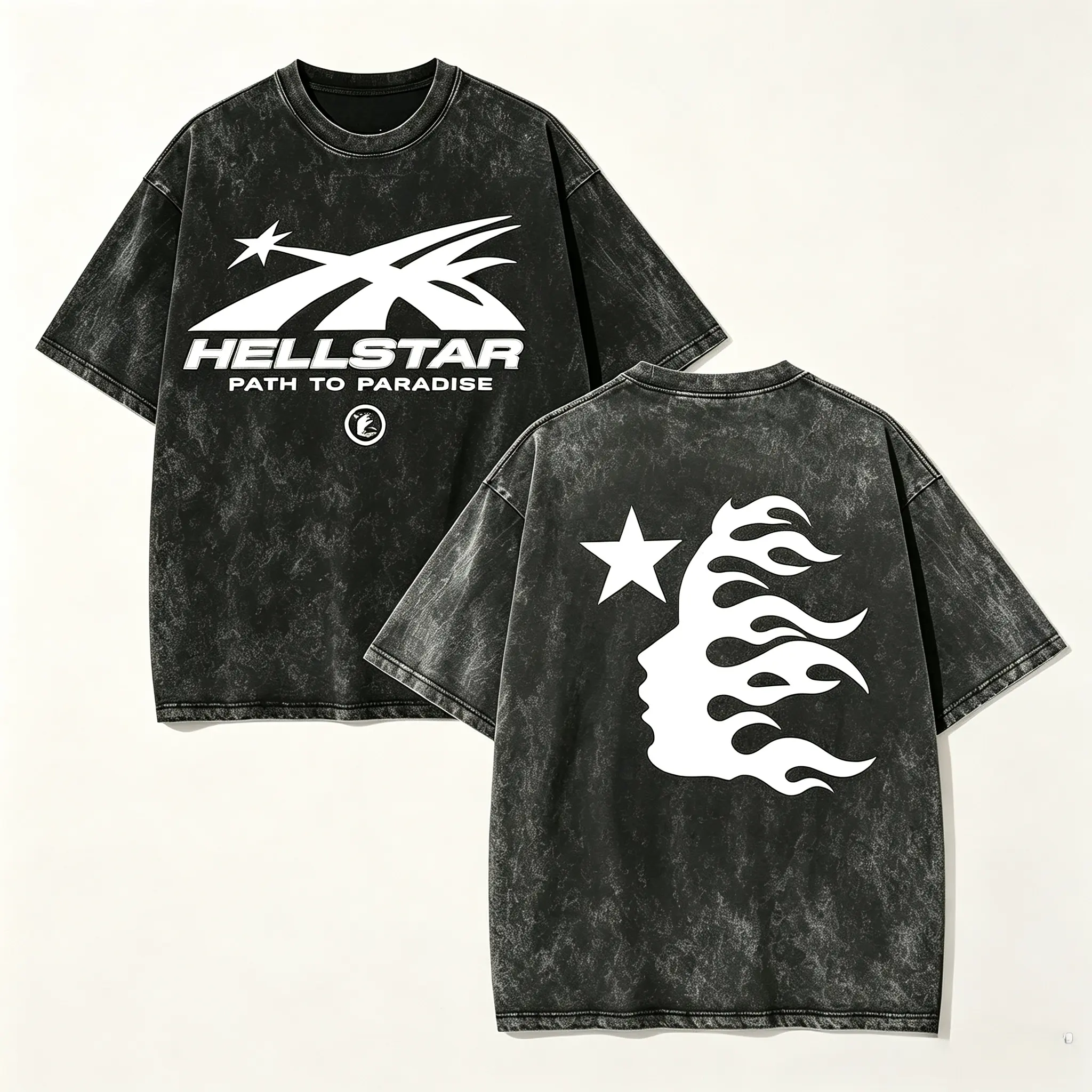 Unisex Hellstar Path To Paradise Graphic Washed T‑Shirt,Vintage Acid Wash Oversized Short Sleeve Tee,Oversized Round Neck Short Sleeve Tee,Retro Star Flame Print Streetwear Casual Tops For Men Women Daily Outfit
