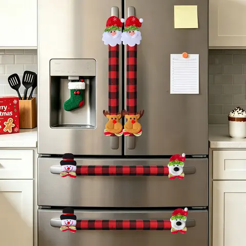2/4/6PCS Plush Christmas Refrigerator Door Handle Covers - Red and Black Plaid Wraps with Santa, Snowman, Reindeer Character Accents, Wrap-Around Fit for Appliance Handles, Multiple Sets Option, for Door, Oven & Refrigerator Handles