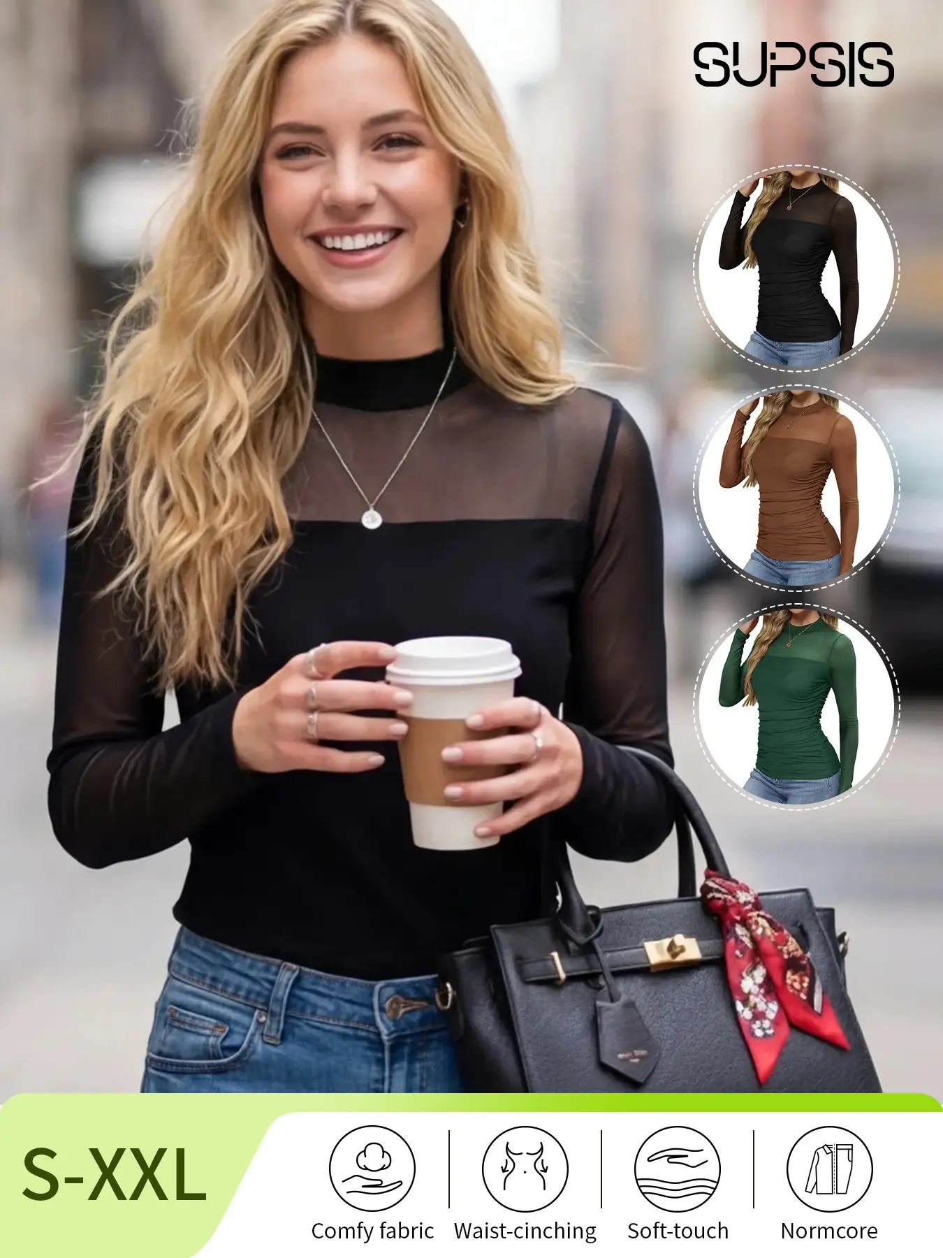 Women's Mesh Sheer Long Sleeve Top, Mock Turtle NeckSee Though Shirts Design,Slimming Mesh Hugs Gently,Pleated Lines FlatterWaist, Black Sheer Tinted, All-SeasonVersatileCasual Going Out Womenswear Shirt, Longsleeves