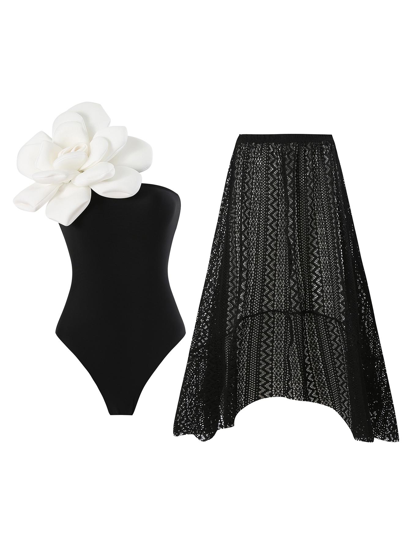 Women's Flower Decor One Shoulder One Piece Swimsuit & Skirt Set, Appliques Striped Print One Piece Swimsuit & Flared Skirt, Two Piece Outfits for Summer Beach Holiday Vacation, Swimsuit Cover Ups