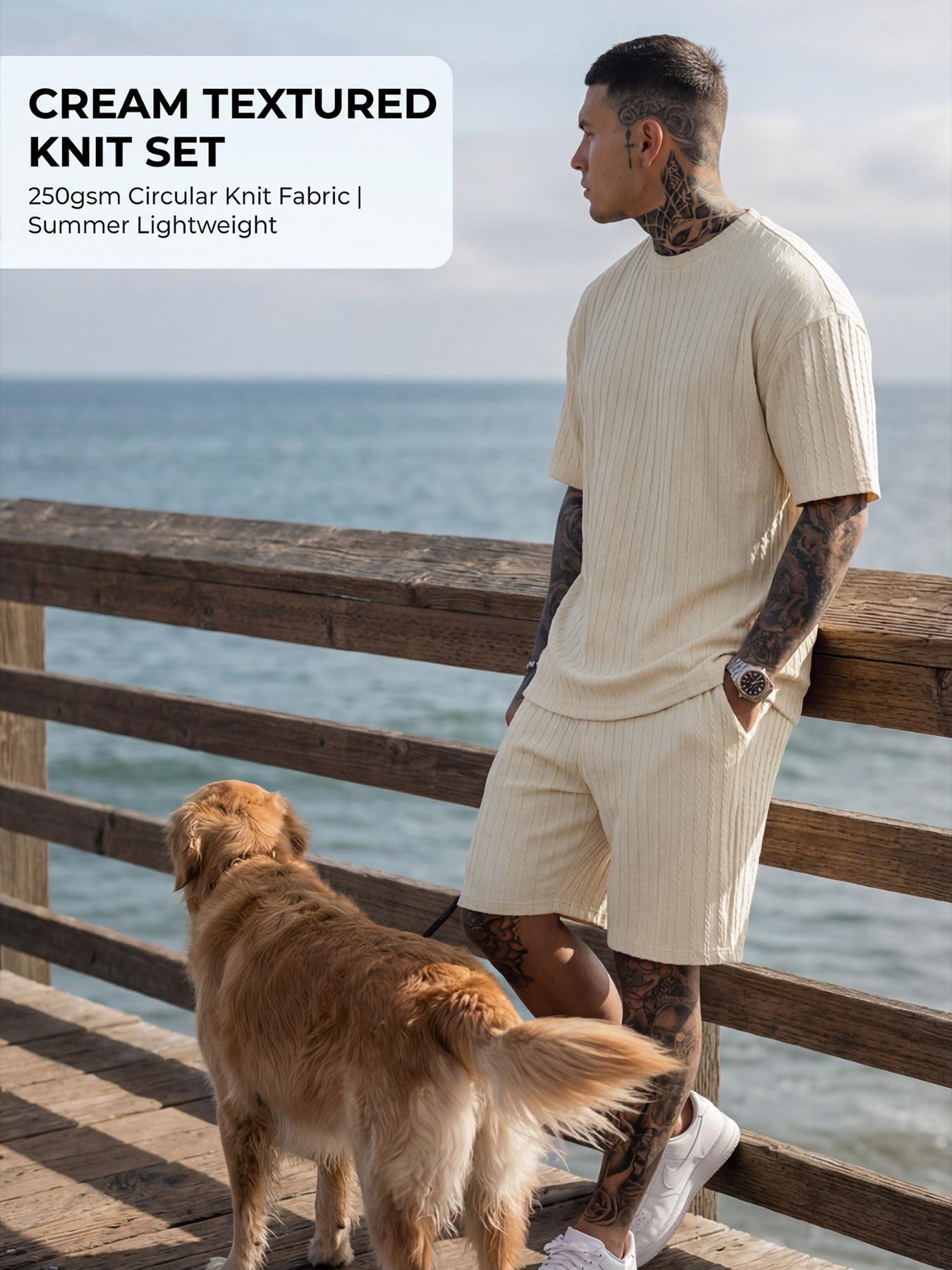 Men’s Loose Fit 2-Piece Summer Set, Oversized Textured Tee with Relaxed Fit Drawstring Shorts Men’s Loose Fit 2-Piece Summer Set, Oversized Textured Tee with Relaxed Fit Drawstring Shorts