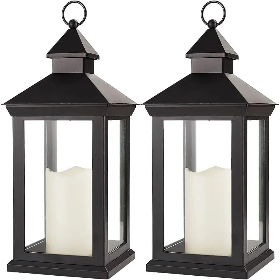 2-Pack 14" Decorative Candle Lantern Black Outdoor Lanterns with Timer Candles - IP44 Waterproof Vintage Lanterns Battery Powered LED Decorative for Wedding - Warm White Hanging Wall