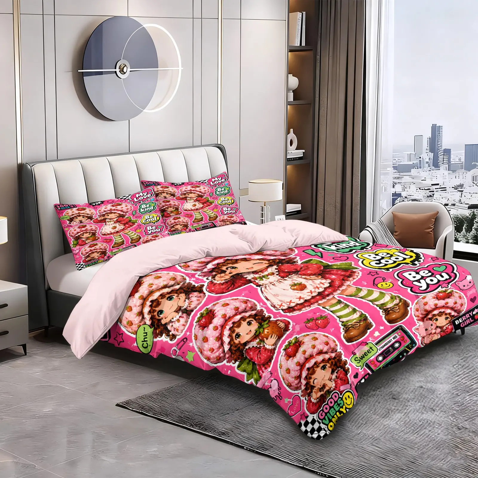 Pink Sticker Bomb Style Cartoon Girl Duvet Cover Set, Include 1 Quilt Cover and 1/2 Pillowcases, Cute Cartoon Character Tape Sticker Letter Checkerboard Print Comforter Cover, Vibrant Preppy Girly Bedroom Bedding