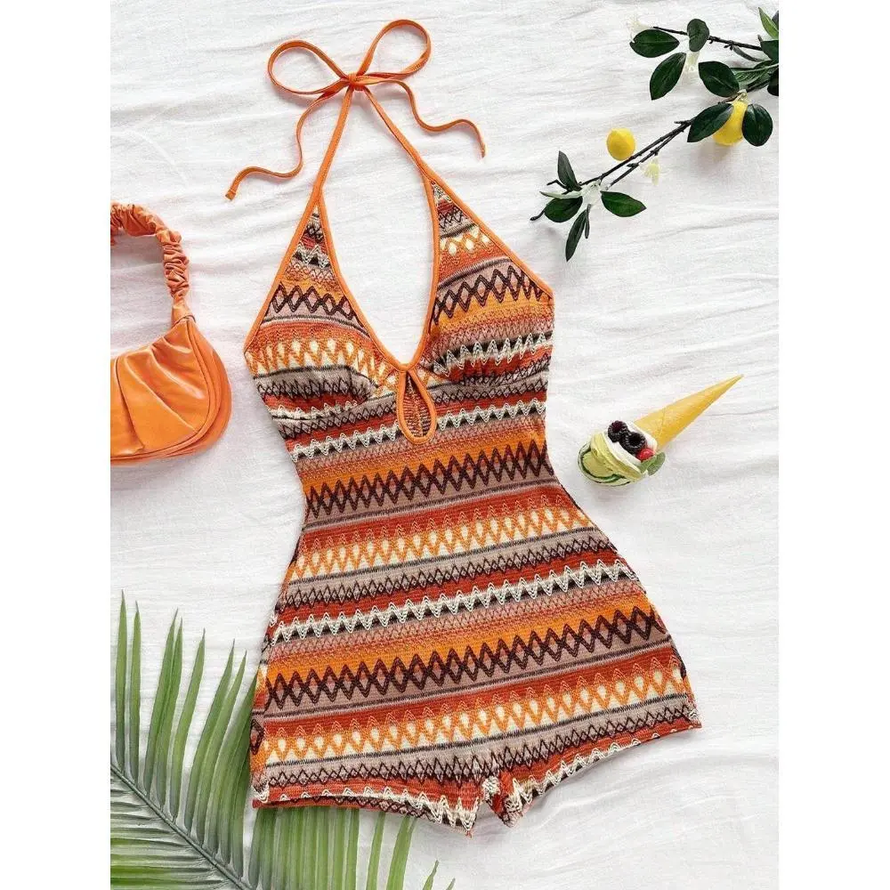 Boho Geometric Print Halter Tie Back Romper V Neck Keyhole Front Short Jumpsuit