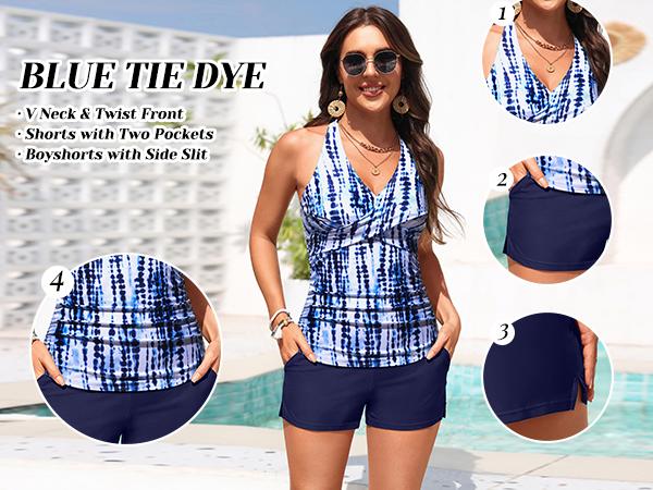 Yonique Women Tankini Swimsuit with Shorts - Halter Two Piece Swimsuit with Pocket Tummy Control Bathing Suit Swimwear