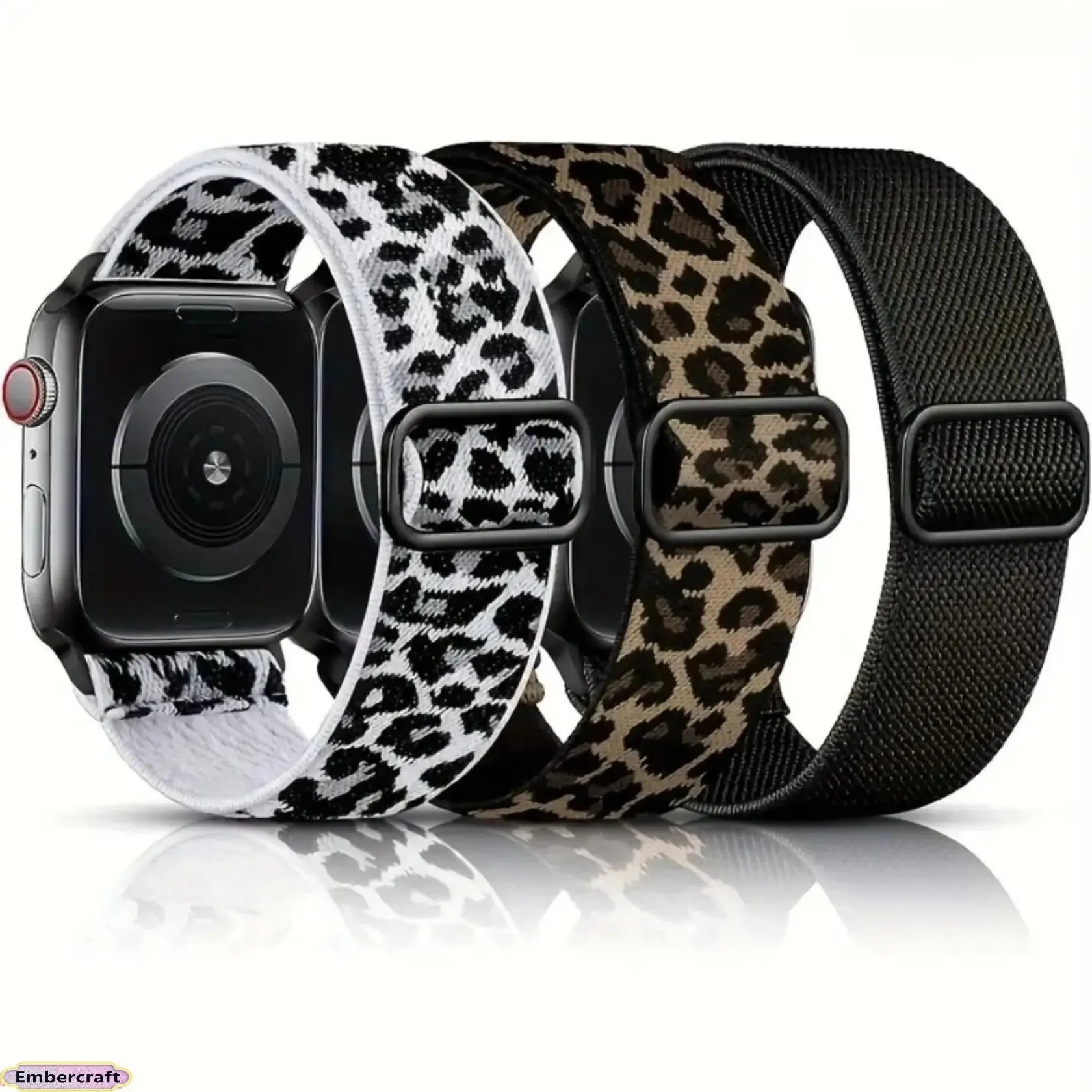 3 Pack Solo Loop Watch Bands, Stretch Nylon Fabric with Leopard Print & Solid Colors, Adjustable Straps for 38-49mm Watches, Breathable for Sport & Daily Wear, Accessories, Stretch Strap, Set 1, Wearable, Loop Closure, Strap Band