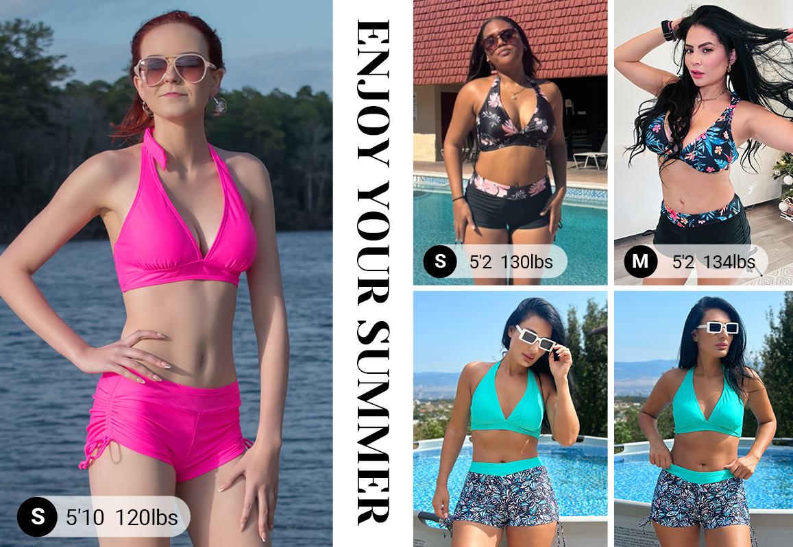 Holipick Two Piece Bathing Suit with Shorts for Women Push Up Bikini Swimsuit Set with Boy Short V Neck Bikini Top with Boy Shorts for Women Halter Bikini with Side Tie Bikini Bottom Sporty Bikini Sets