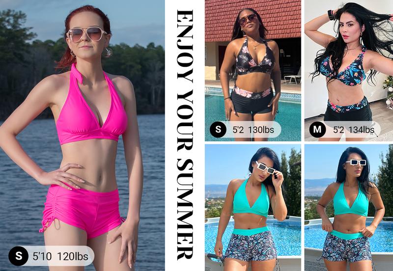 Holipick Two Piece Bathing Suit with Shorts for Women Push Up Bikini Swimsuit Set with Boy Short V Neck Bikini Top with Boy Shorts for Women Halter Bikini with Side Tie Bikini Bottom Sporty Bikini Sets