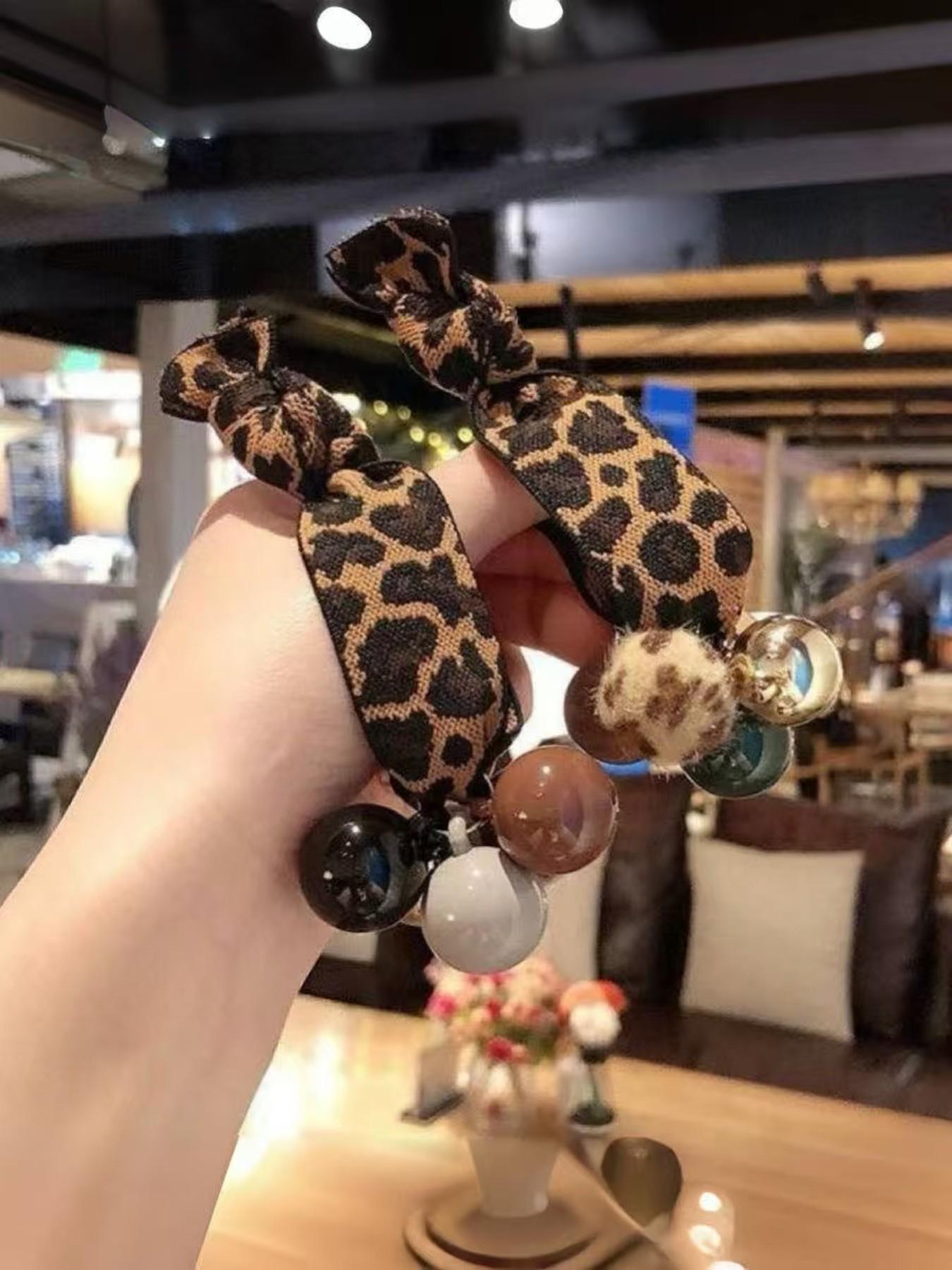 2 Piece Leopard Print Pearl Hair Ties, Elegant Minimalist Design, Flexible Ponytail Accessories, Daily Fashion Wear, Stylish Hair Bands