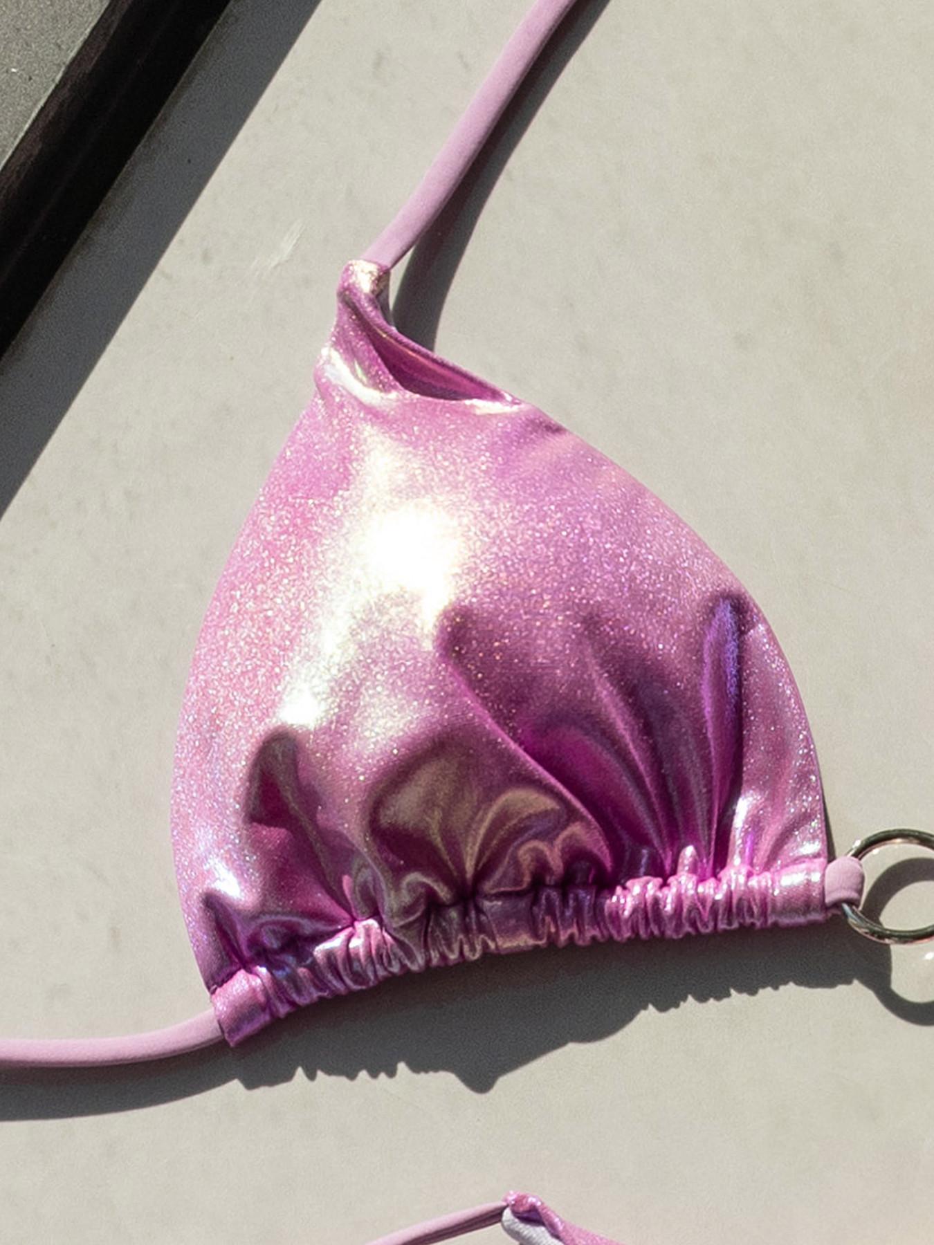 Women's Sexy Swimwear Set, Metallic Glitter, Triangle Cup Tie Design with Metal Rings, Backless Side Tie Swimsuit, Summer Beach Vacation Bikini