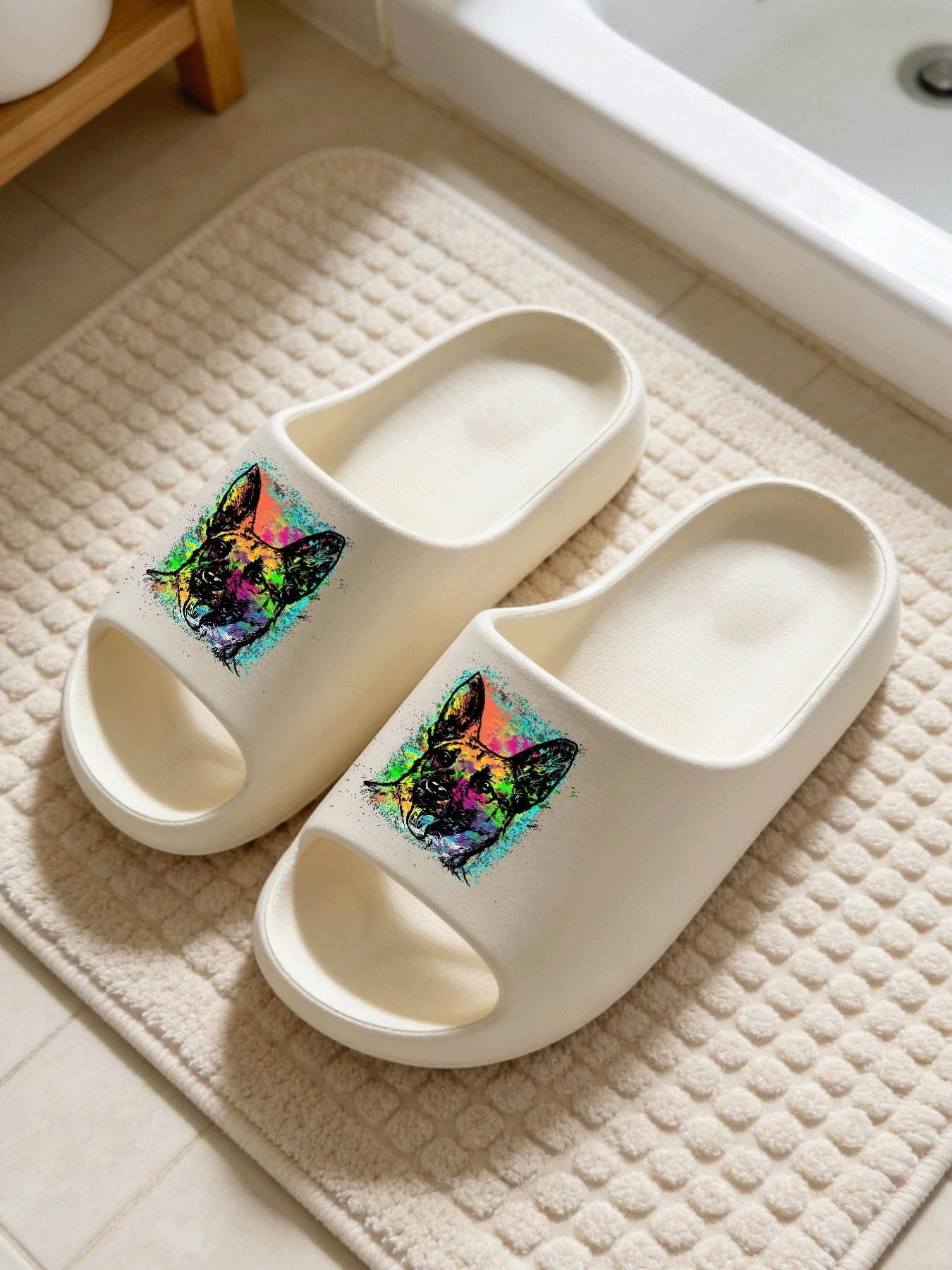 Colorful Graffiti German Shepherd Thick-Soled Slippers, Trendy Art Style Cloud Cushion Non-Slip Slides, Casual Indoor & Outdoor Couple Sandals