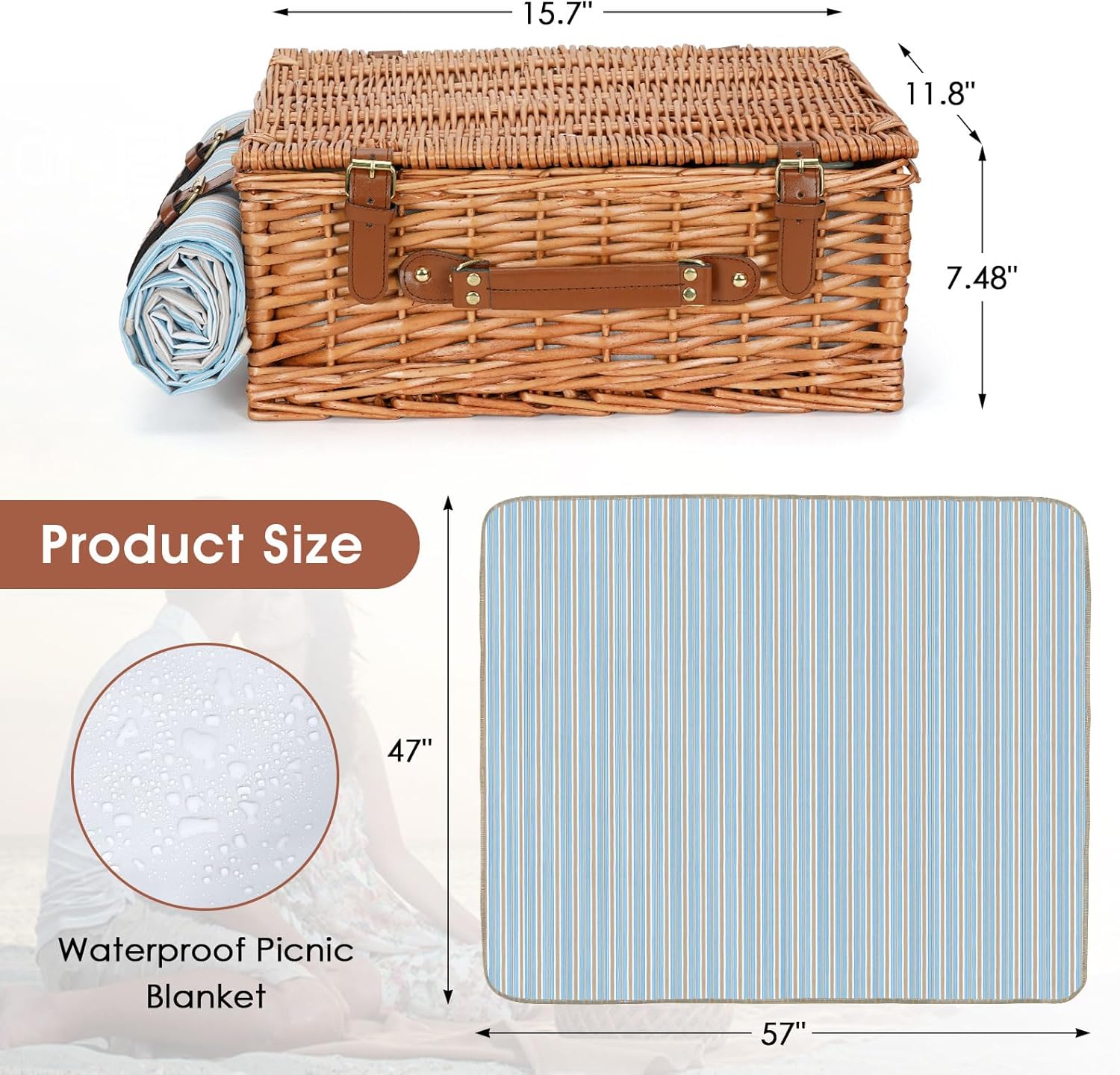 4-person wicker picnic basket set| Large wicker basket, equipped with a large insulated cooling compartment, waterproof blanket, and cutlery set