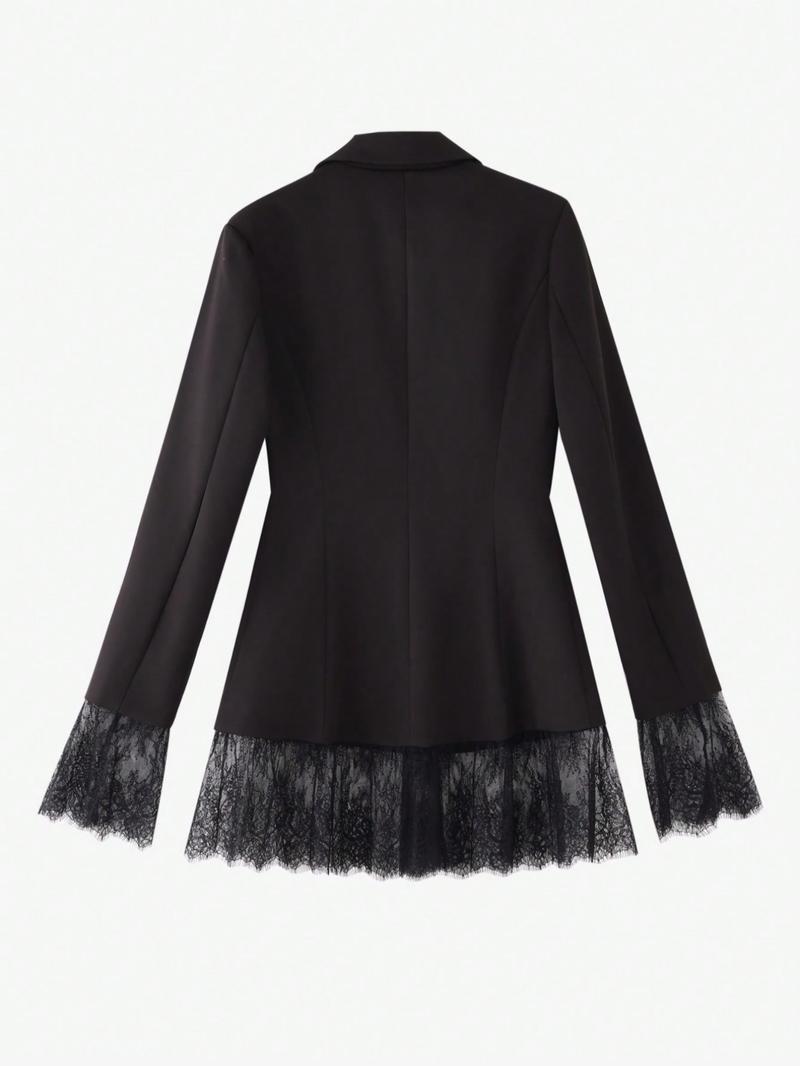 Women's Pure Color Woven Fabric Lace Patchwork Button Waistcoat Jacket, Office Evening Date Formal Banquet Fall Winter