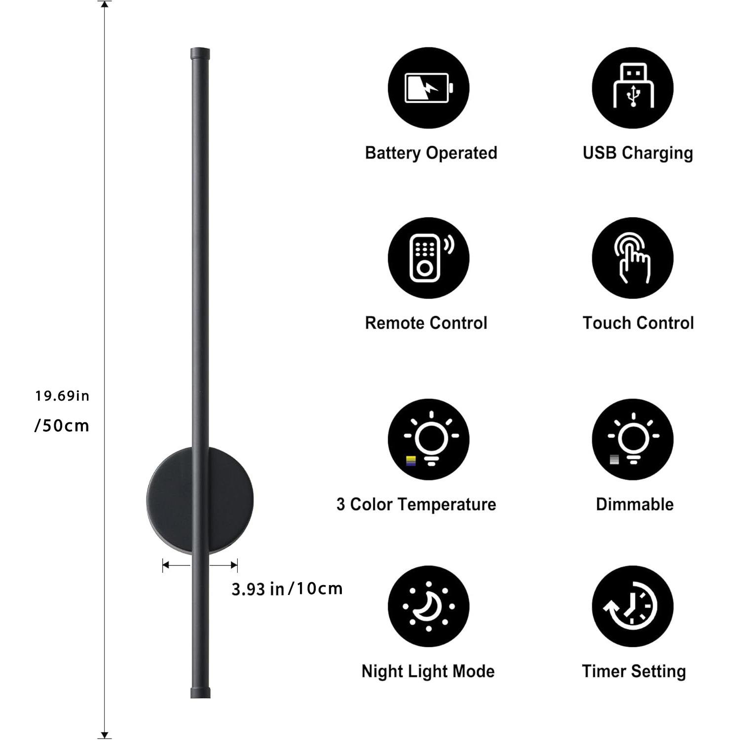 Wireless Wall Lamp, 19.69-inch Black Line Wall Lamp, Touch and Remote Control Switch, 2-Way Installation, For Bedrooms, Staircases, Hallways, Living Rooms, Indoor Lighting Fixture