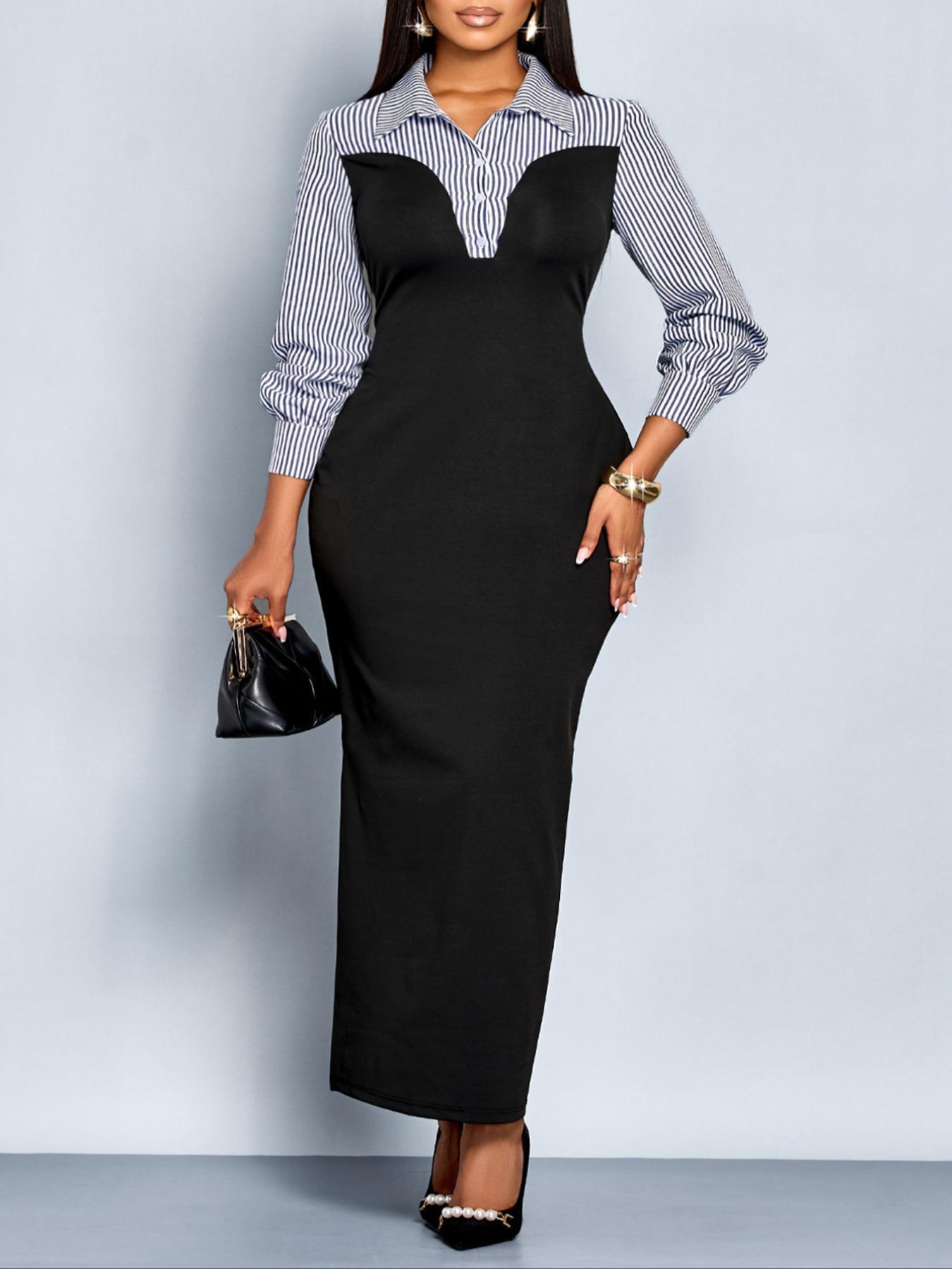 Women's Elegant Striped Patchwork Maxi Dress, Fall Winter Long Sleeve High-Waisted Fitted A-Line Skirt, Casual Daily Wear