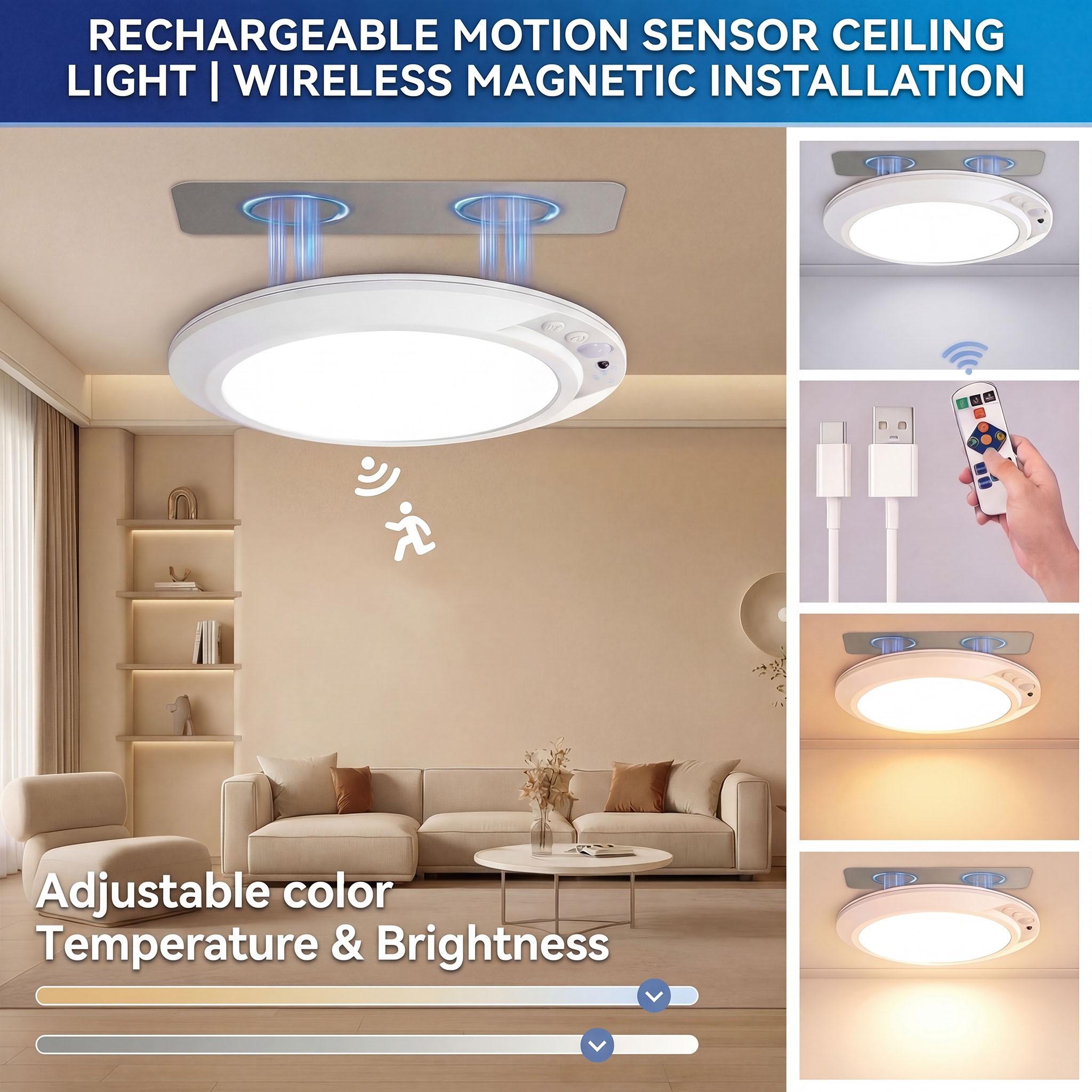 2 Pack Rechargeable Ceiling Lights with Remote Wireless Battery Operated Motion Sensor Waterproof Shower Lighting, 3CCT & Dimmable Stick On Closet Overhead for Pantry Living Room Renter Friendly