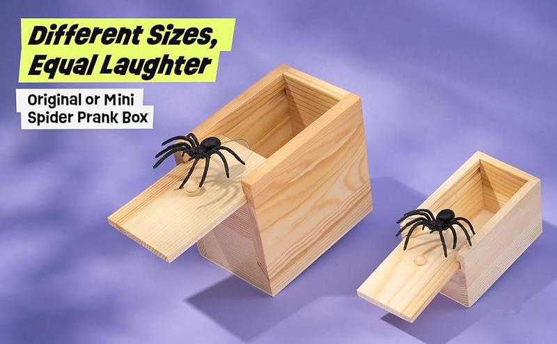 Mini Spider Prank Box - Surprise Wooden Gag Gift, Perfect for Birthday, Halloween & Birthday Pranks, April Fools Day, Harmless Joke with Rubber Spider, Startling & Reusable Prank Kit