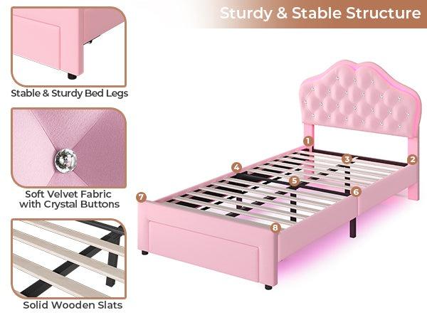 Sikaic Twin Size Velvet Princess Platform LED Bed with Storage Drawers and Adjustable Crystal Button Headboard Pink Comfortable Nursery Design Cute Bedroom