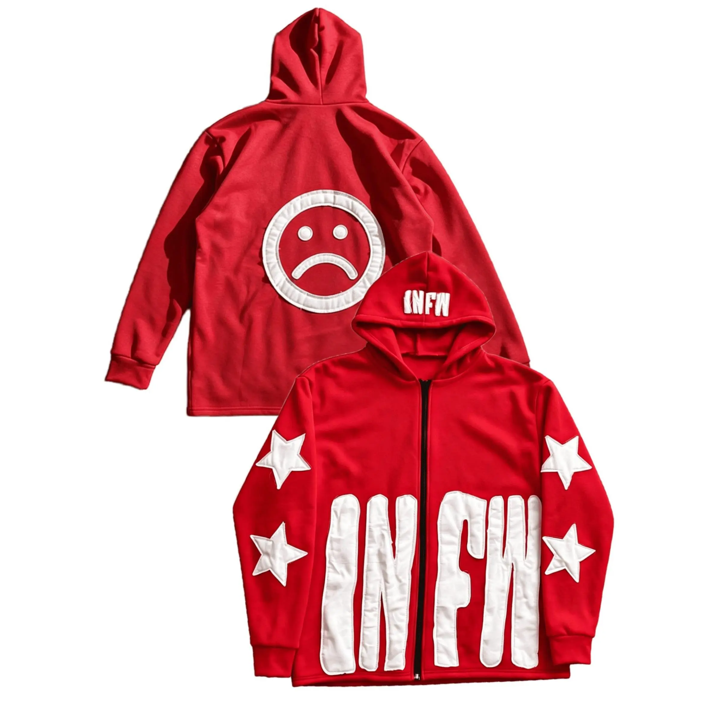 Men's Red Oversized Zip Up Hoodie, Y2K Streetwear Hooded Jacket with Sad Face & Star Patch, Hip Hop Skate Graphic Zip Up Sweatshirt, TikTok Viral Casual Hoodie for Men，red jacket