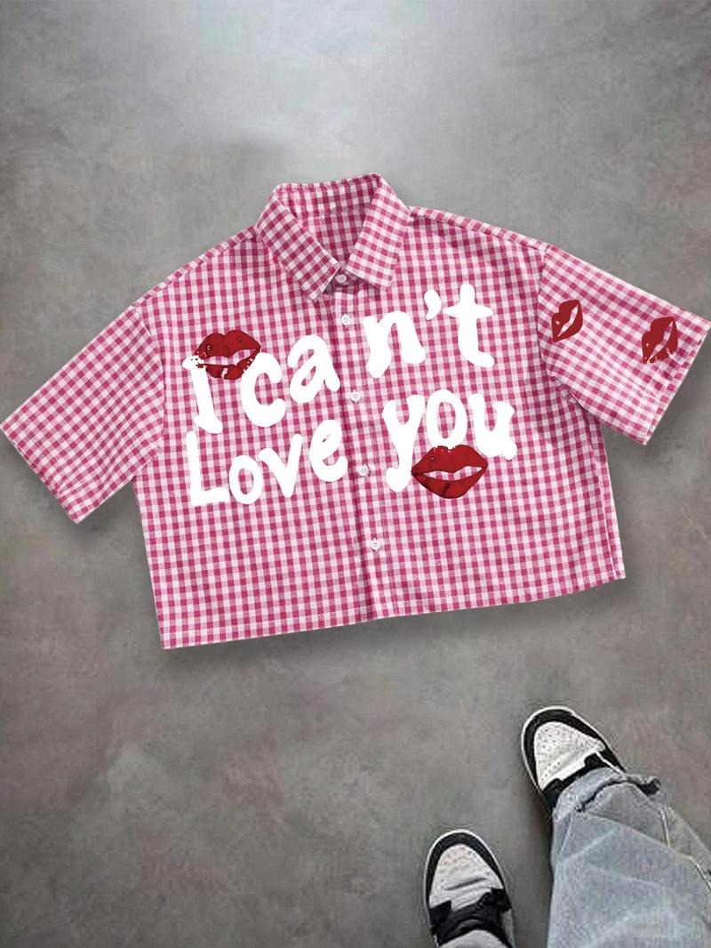 Unisex casual streetwear style "I can't Love you" red lip print plaid shirt, Y2K streetwear cropped top, suitable for streetwear, Y2K outfits, men's gifts, couple outfits, high street culture.