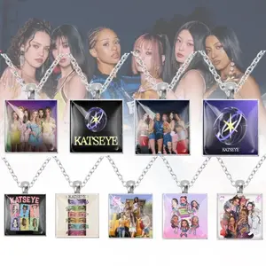 K- KATSEYE Korean Girl Band Katseye Necklace with Glass Square Shape Pendant 25MM Jewelry Charm Accessory For Fans