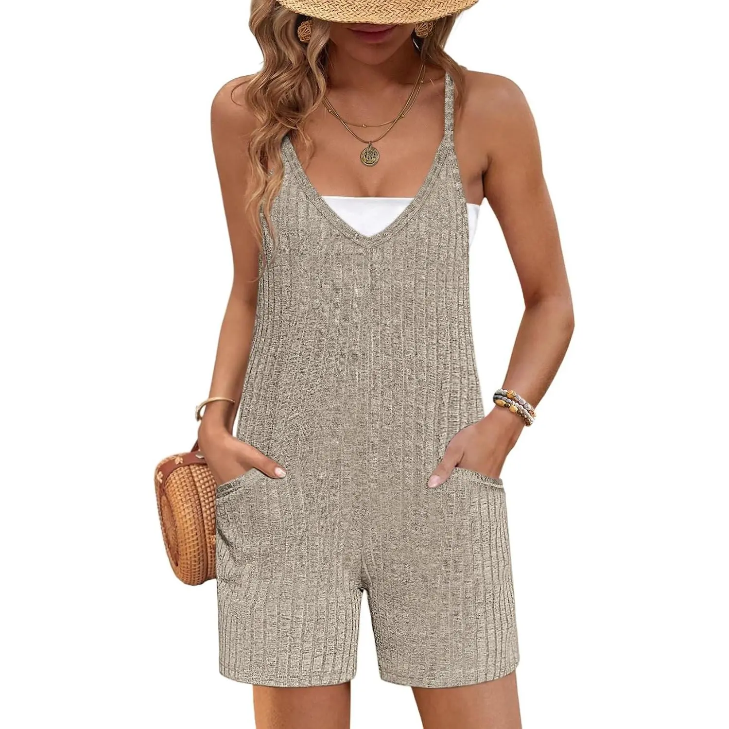 Women's Summer Casual Sleeveless Strappy Maternity Romper Shorts Jumpsuit with Pockets(Gift)