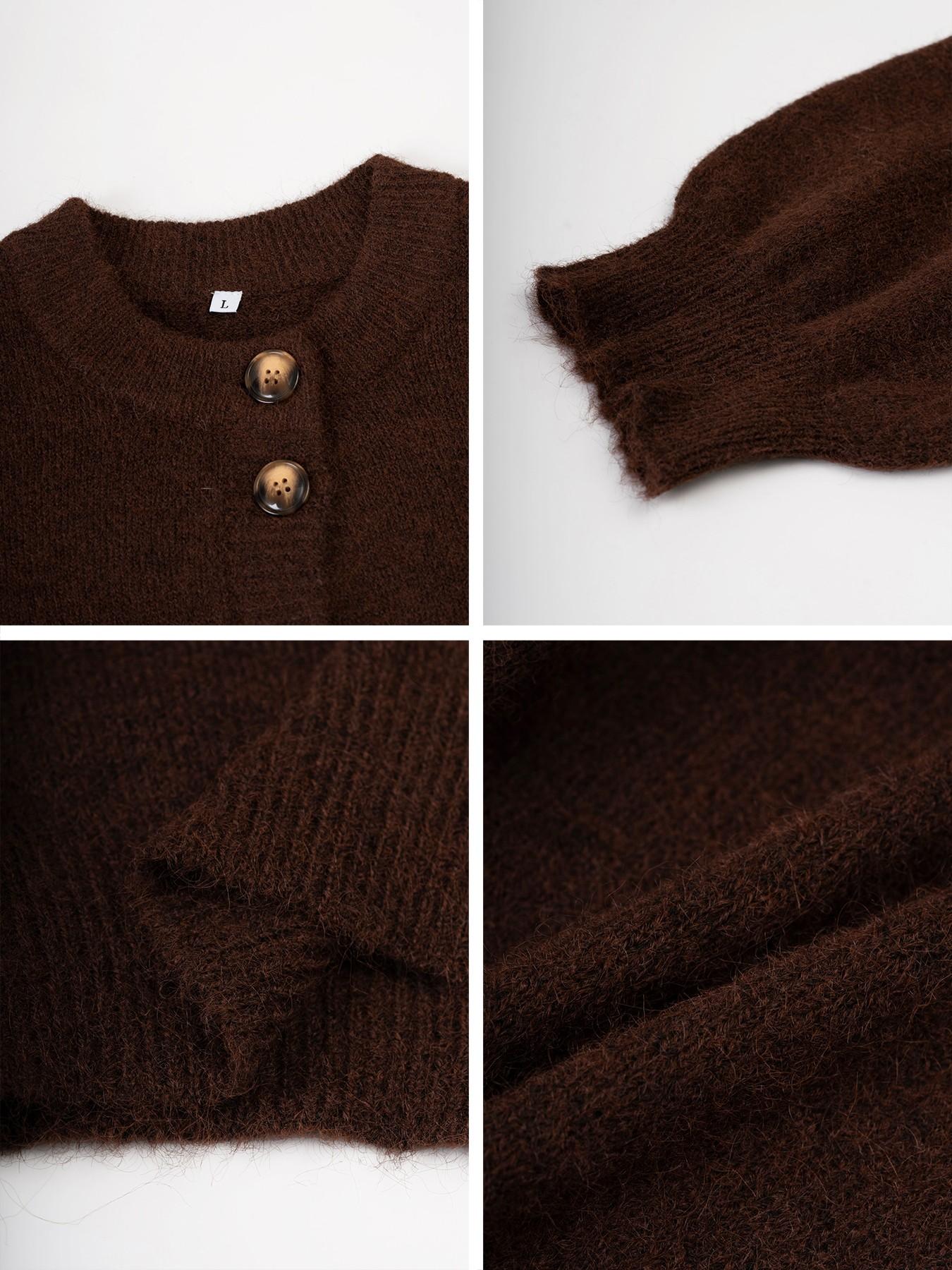 Autumn Winter New Retro Round Neck Solid Color Short Knitted Cardigan, Loose Long Sleeve Button Front Sweater Coat, Casual Daily Wear Women's Top