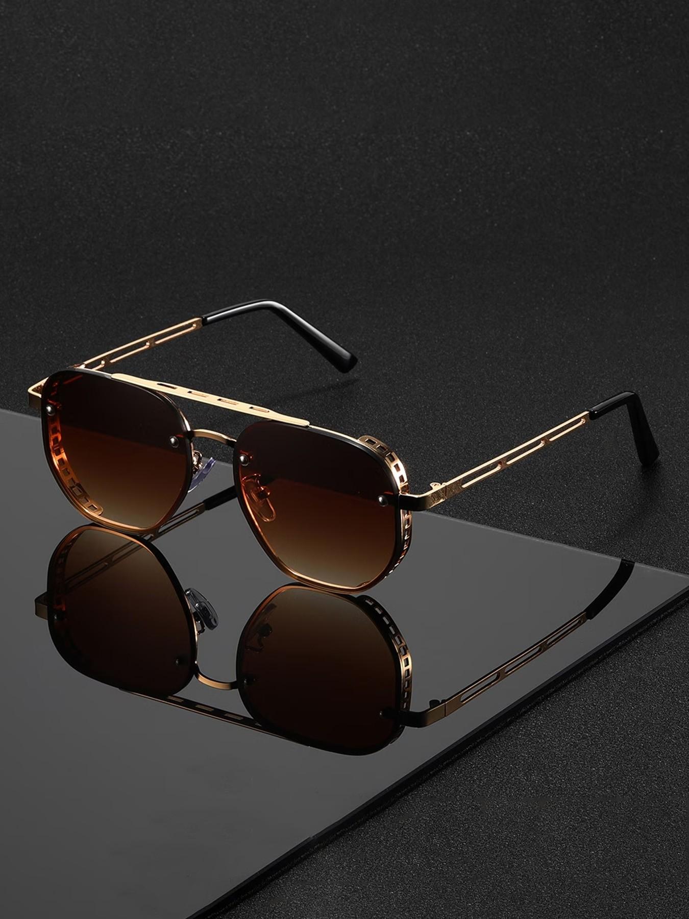 Alloy Double Bridge Decorative Glasses, Square Frame Design, Dark PC Lenses, Metal Finish, Bold Style for Parties, Fashionable Wear