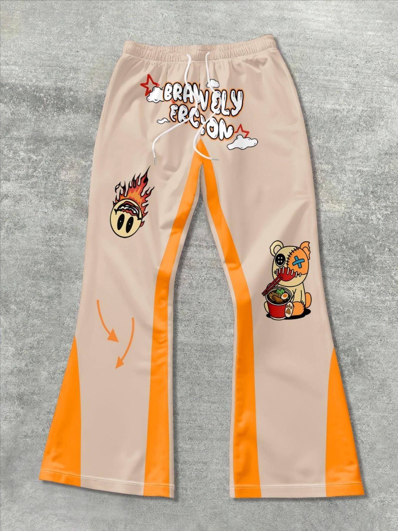 2026 Fall New American Street Cartoon Graffiti Print Flared Pants, Apricot Patchwork Wide Leg Sports Sweatpants, Casual Loose Fit Long Pants