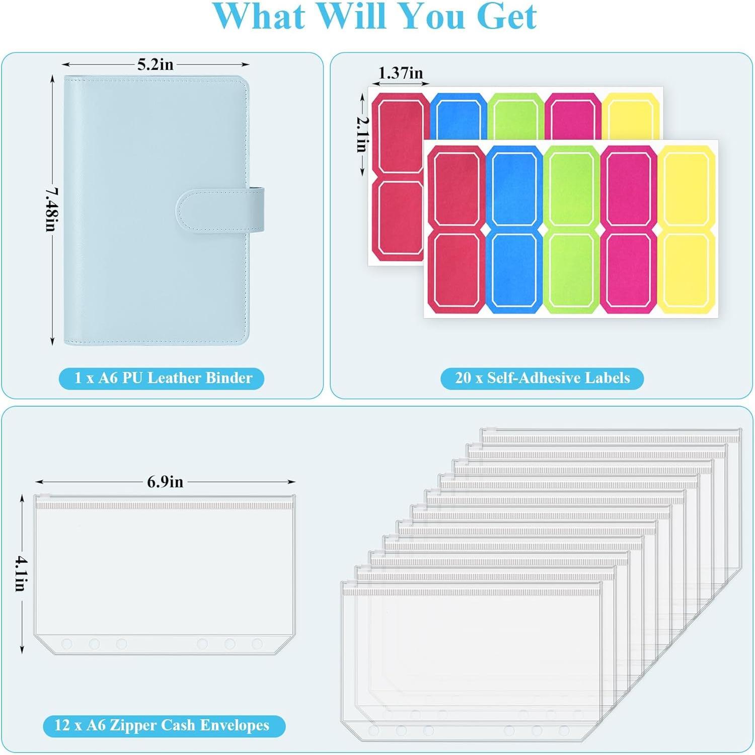 A6 Budget Binder with Zipper  Envelopes for  Organizer & Budgeting, PU Budget Planner  Saving Binder with  Stuffing Envelopes & Labels for  Office Travel, Mint Blue