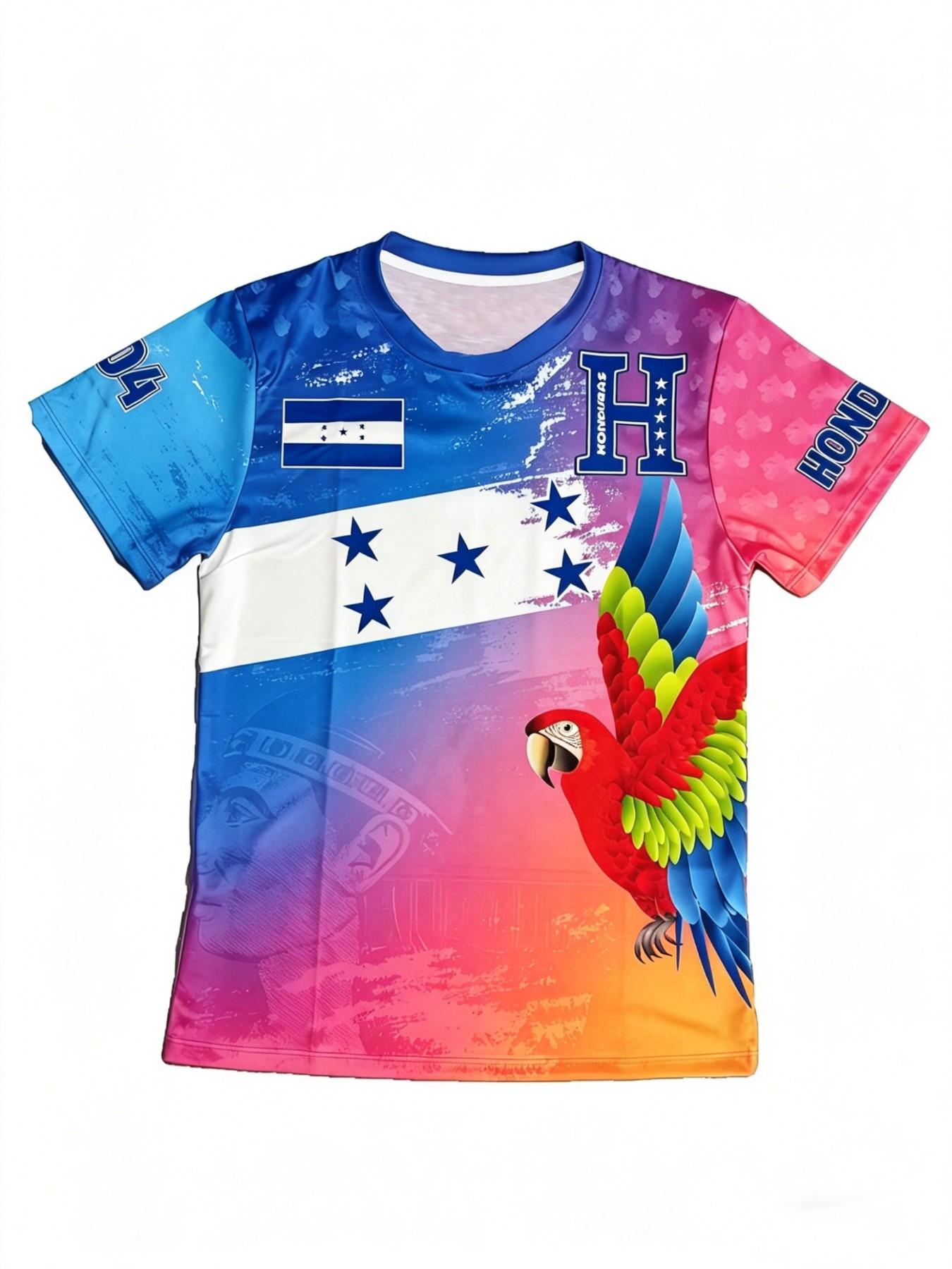 Honduras Blue Soccer Jersey, Patriotic Football Shirt with Flag & Parrot Pattern, Unisex Sports Clothing, Casual Fit, Short Sleeve