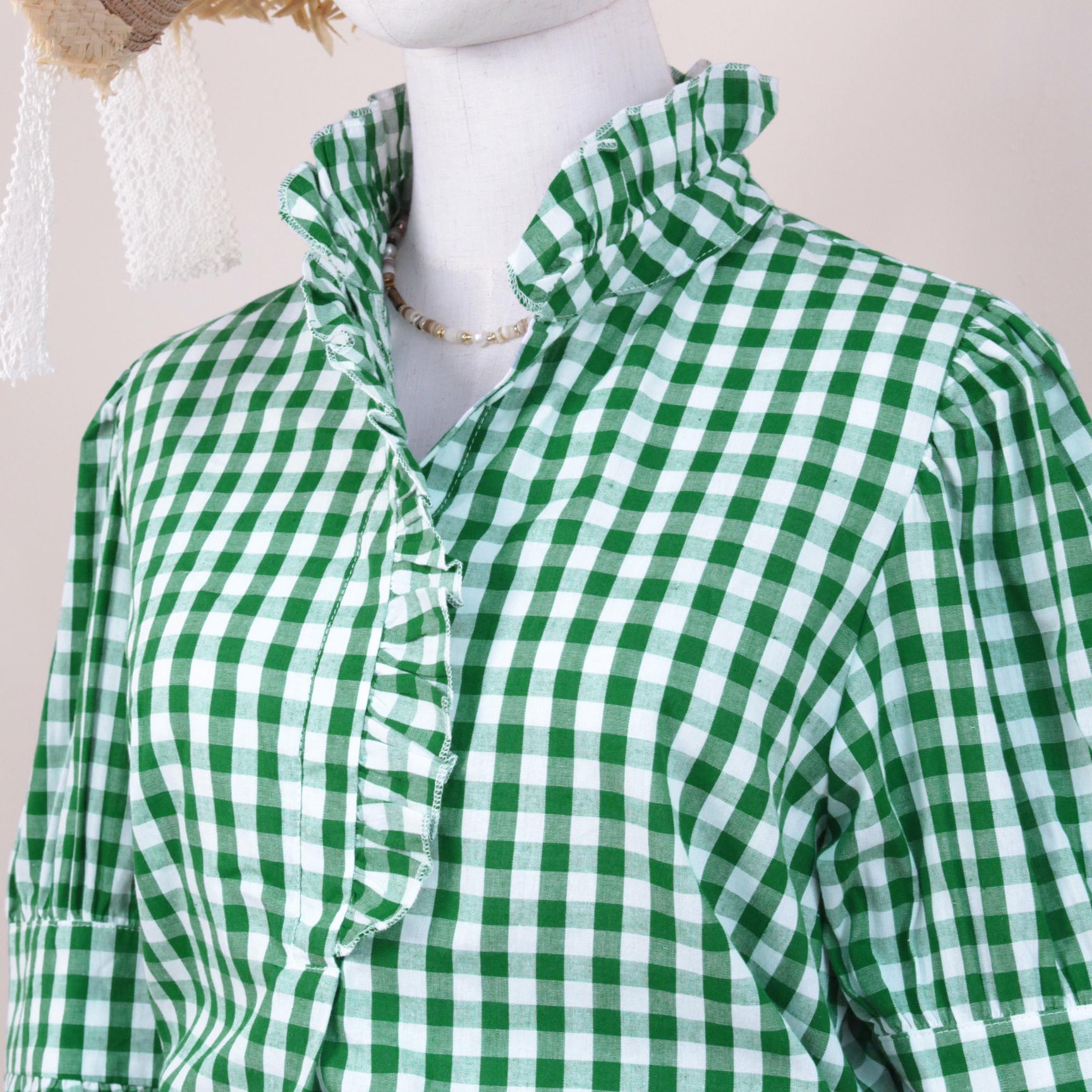 SageVell 100% Cotton Green/Khaki/Red/Blue Gingham Check Shirt with Ruffle Neckline & Puff Sleeves Medium Length Women's Fashion Top Runs Large