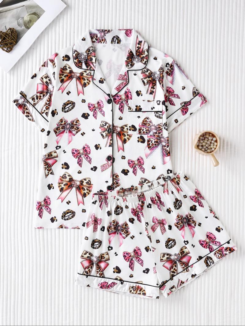Women's Leopard Bow Print Sleepwear Set, Casual Fitted Short Sleeve Top & Loose Comfortable Shorts, Elegant Ladies' Nightwear